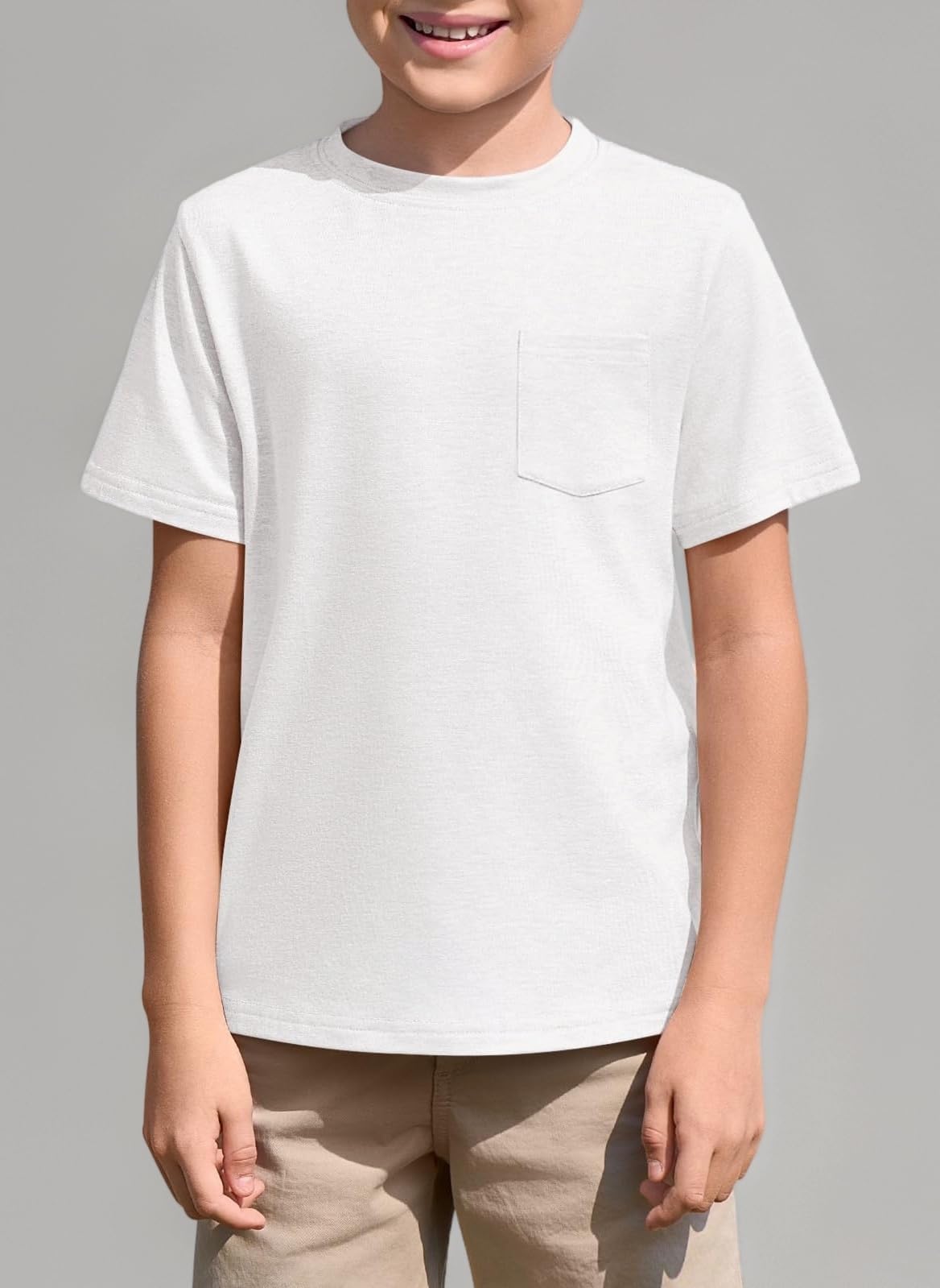 Boys' T-Shirt Short Sleeve Crew Neck Tops Kids Summer Plain Lightweight Top Regular Fit Sports T-Shirts Casual Basic Tees with Chest Pocket 5-14 Years