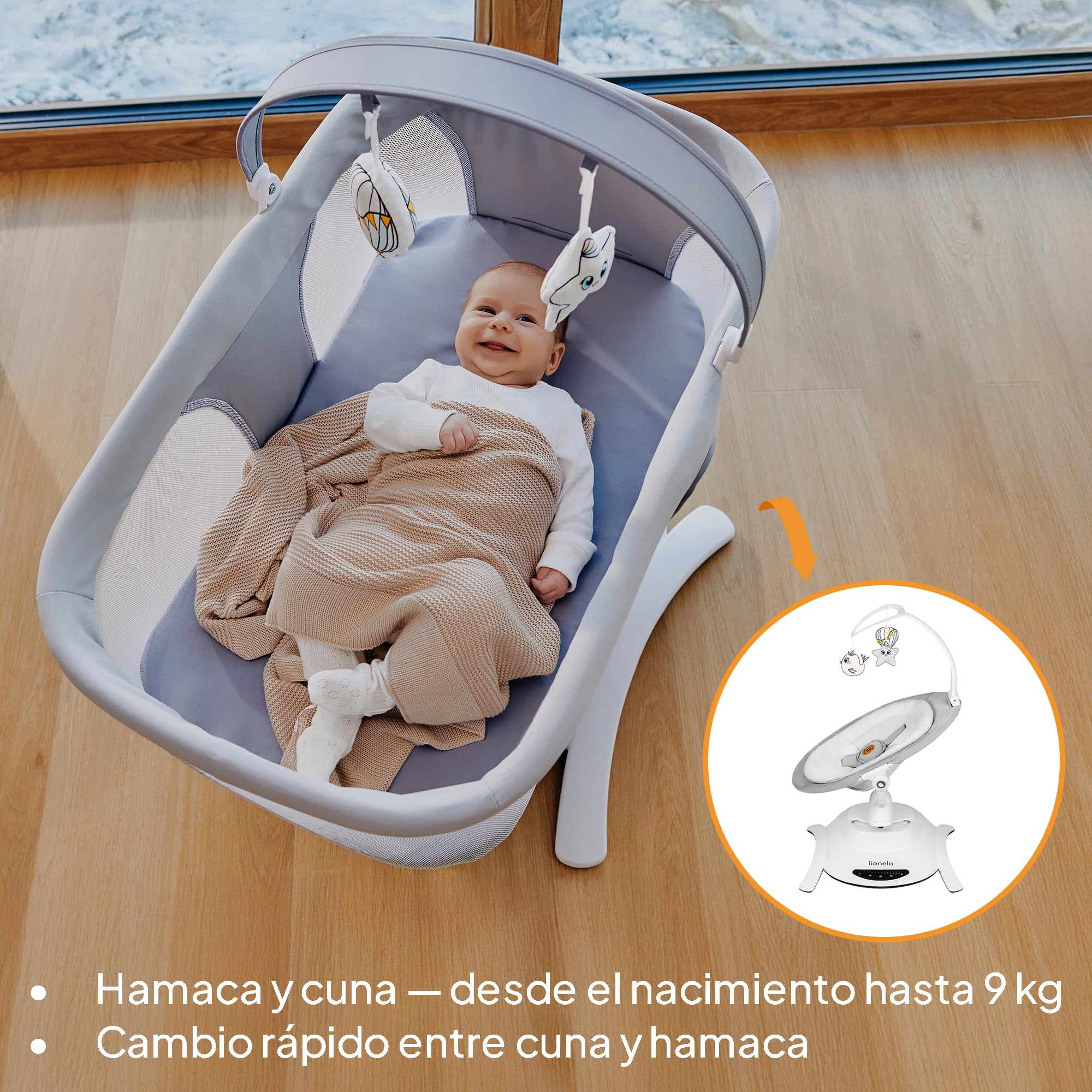 LIONELO Bella Set 2 en 1 - Hamaca eléctrica con capazo 360o para bebés de hasta 9 kg, respaldo reclinable, 5 velocidades de balanceo Cinturón de seguridad antideslizante