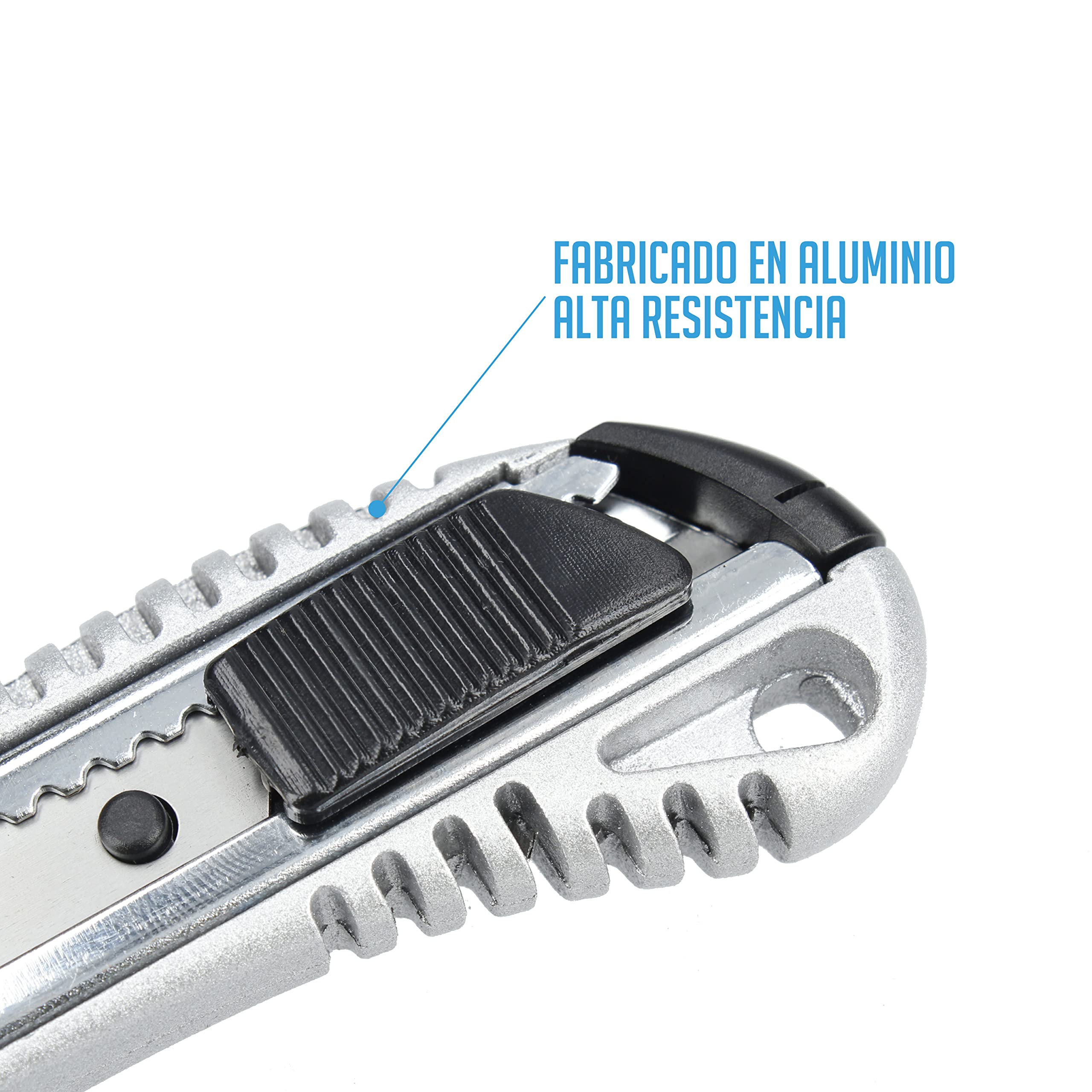 FSKTW118 Cutter métallique professionnel extra résistant fabriqué en aluminium, lame en acier inoxydable de 18 mm, système de verrouillage et lames interchangeables (Lot de 4)