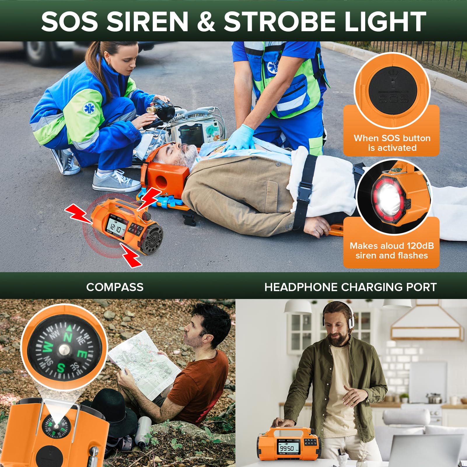 Aufzieh-Solarradio, AM/FM/KW Solar-Handkurbelradio mit größerer Taschenlampe/Lautsprecher, Uhr, 5000-mAh-Akku-Radio mit SOS-Alarm für Innen- und Außenbereich