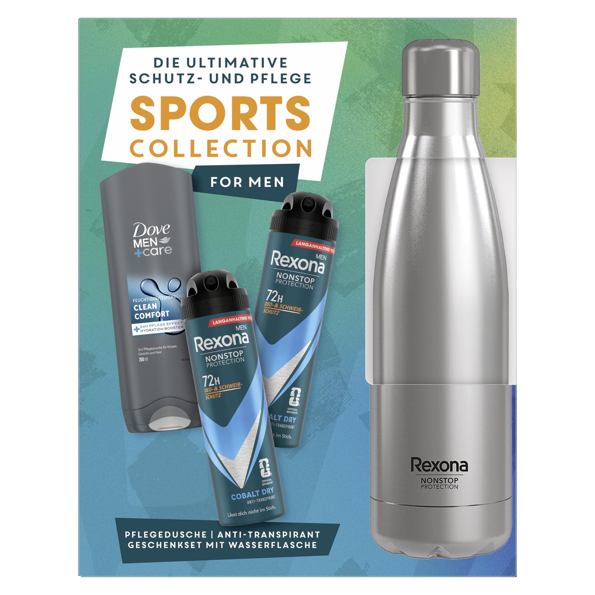 Rexona Geschenkset für Männer Sports Collection Pflegeset mit 2x Anti Transpirant (2x 150 ml), Pflegedusche (250 ml) und einer Trinkflasche aus Edelstahl (750 ml)