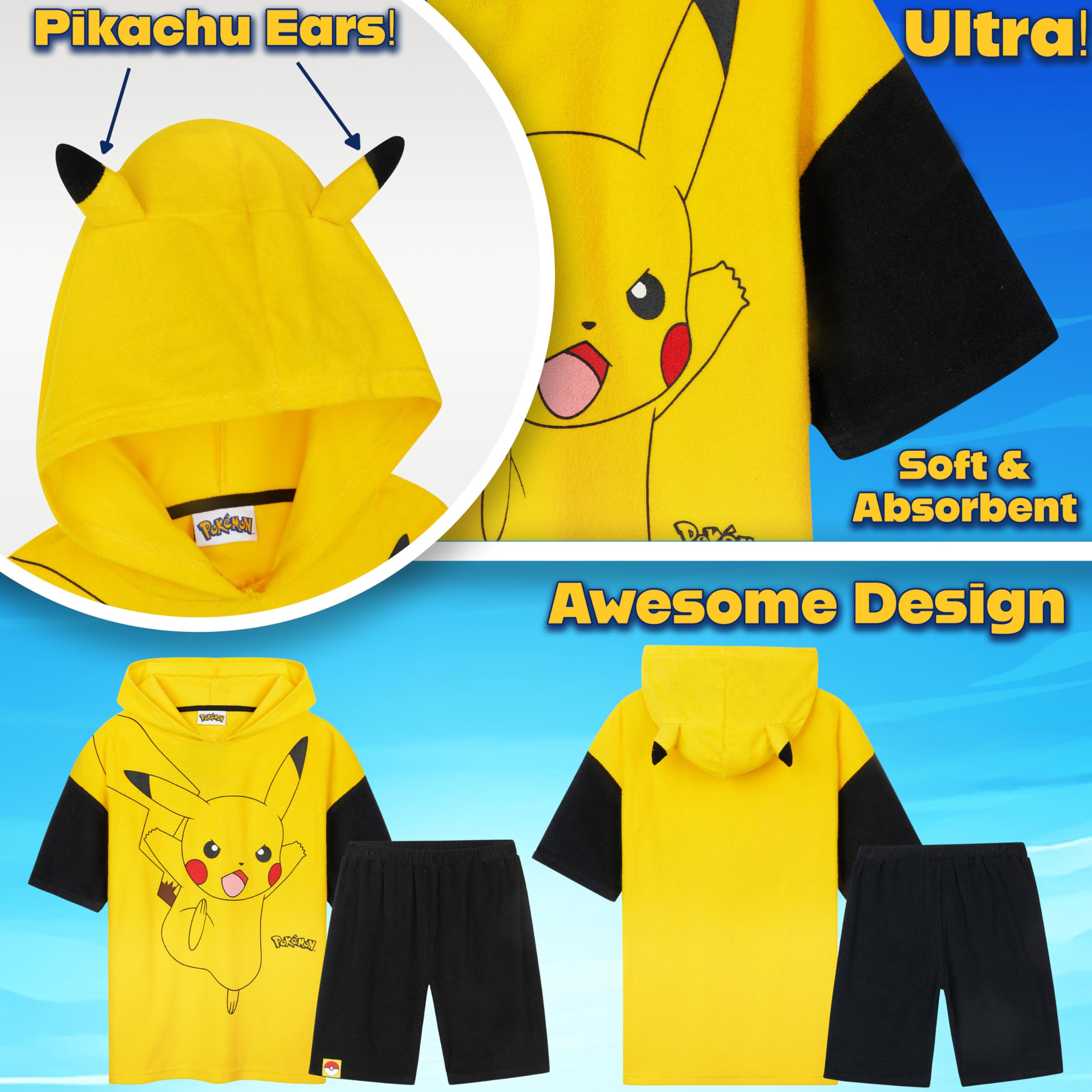 Pokémon T-shirt Été Capuche et Short Ensembles Garçon Ado 2 Pièces Éponge Absorbant Pikachu Tenue Piscine Plage Anime Cadeau Garçon
