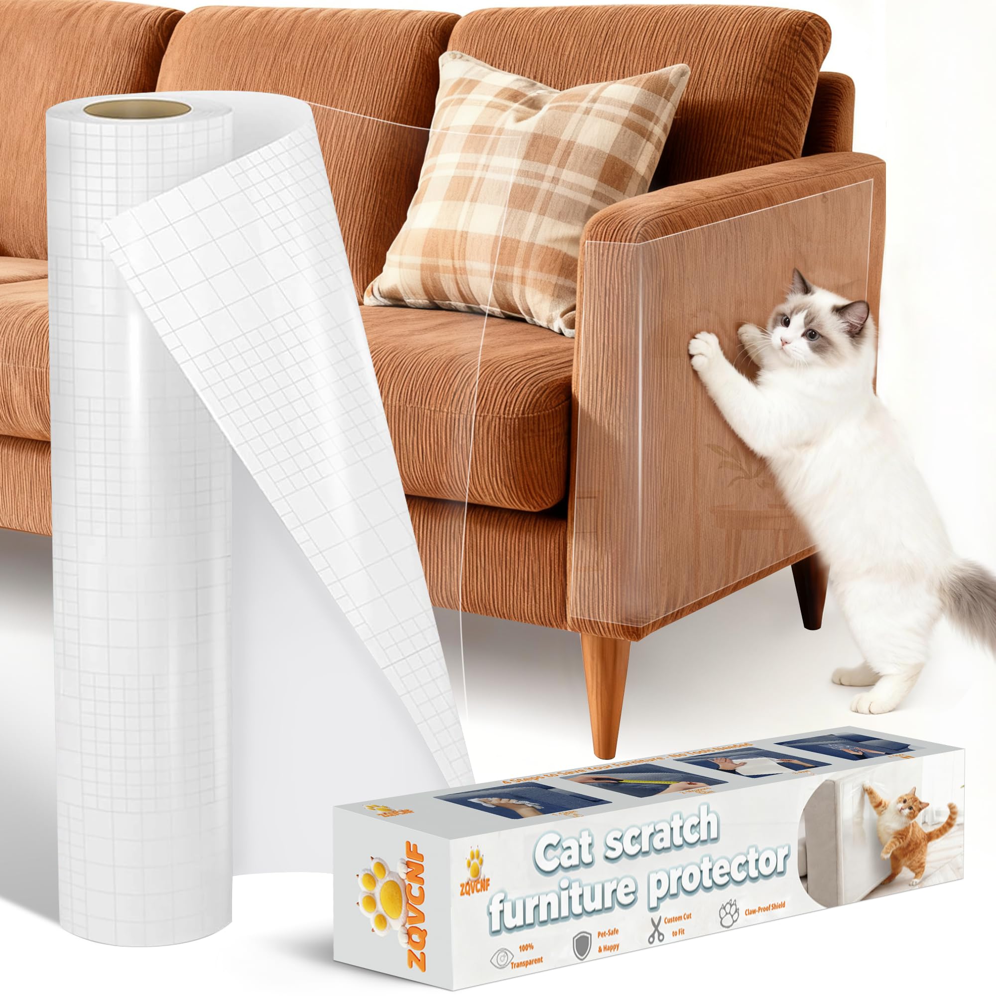 Extra Thick Clear Anti Cat Scratch Furniture Protector 16.93" x 196.85"：ZQVCNF Self-Adhesive Couch & Door Tape from Pet Claws - Covers Walls, Bed Corners | Stops Cat & Dog Scratching Damage