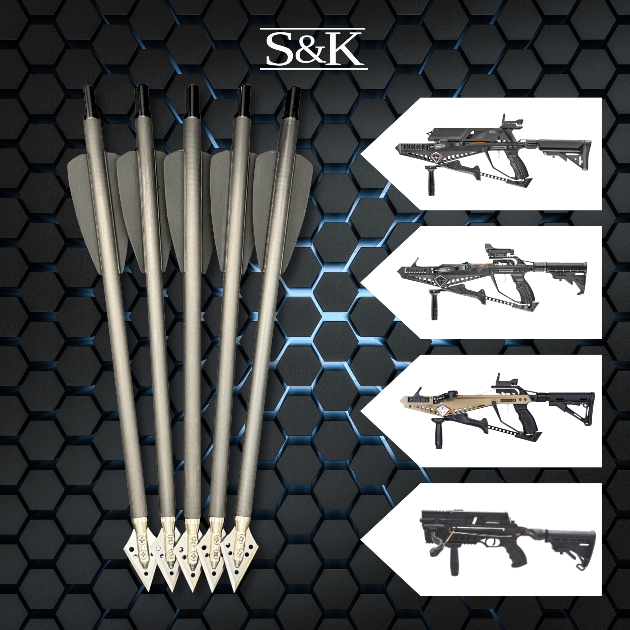 S&K - 5X Carbon Jagdpfeile, Alunocken, 7,5" für Cobra Adder, R9, RX, R10 – Made in Germany – Hochpräzise Armbrustbolzen mit Edelstahl-Jagdklinge & Aluminium-Nocke – 15g