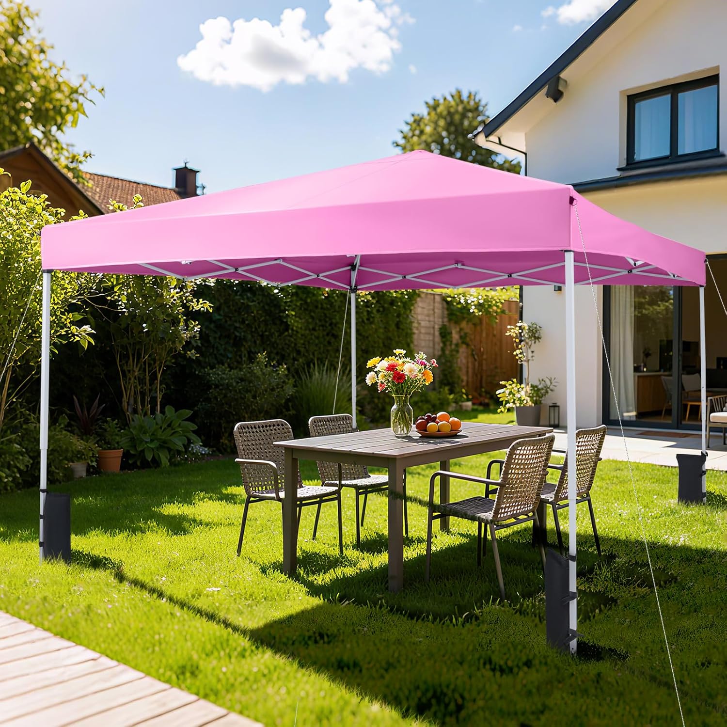 Tangkula 10x10 FT Pop Up Canopy, UPF50+ Outdoor Tent with 4 Sandbags, 8 Stakes, 4 Wind Ropes, Heavy-Duty Carbon Steel Frame, Carrying Bag, Portable Canopy Tent for Party Event Camping Travel (Pink)