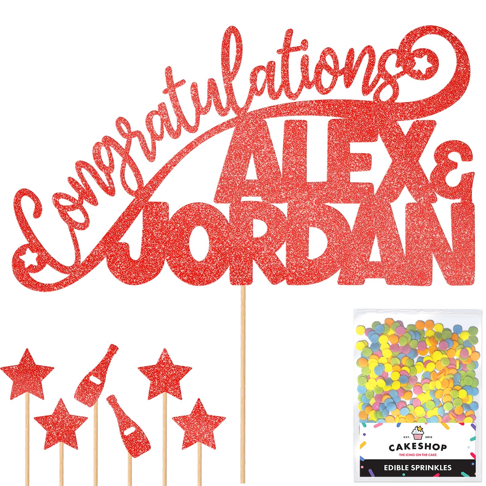 Personalised Congratulations Celebration Glitter Cake Topper - Red Any Name(s) Cake Decoration and Sprinkles - Any Occasion Party Decorations - Personalised Toppers for Cakes by Cakeshop