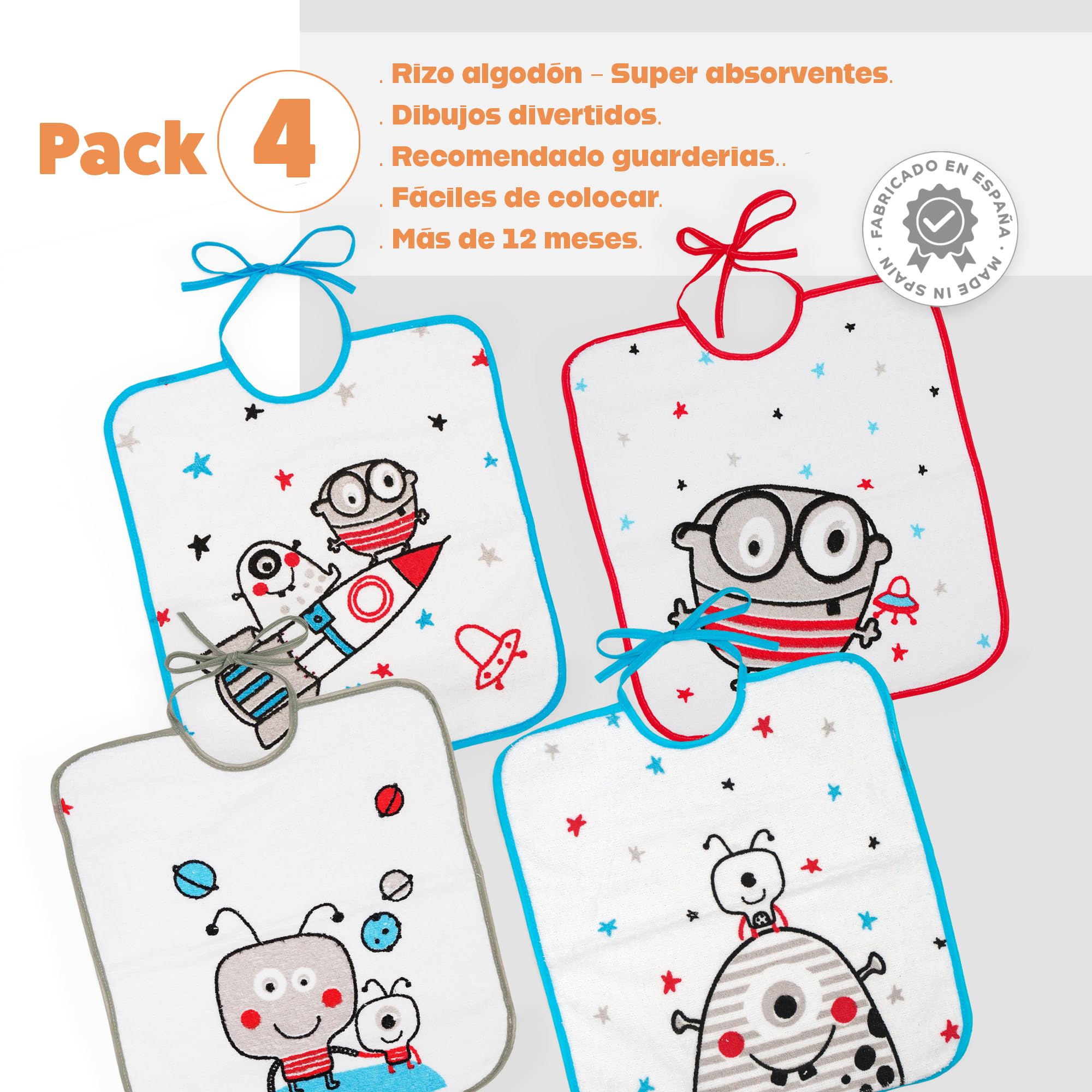 Ti TIN Pack 4 Baberos Bebé Impermeables 36x33 cm, +12 Meses | Rizo de Algodón Suave, Absorvente, Forro de Vinilo, Cierre con Cintas, Lavadora y Secadora, Ideal Guardería