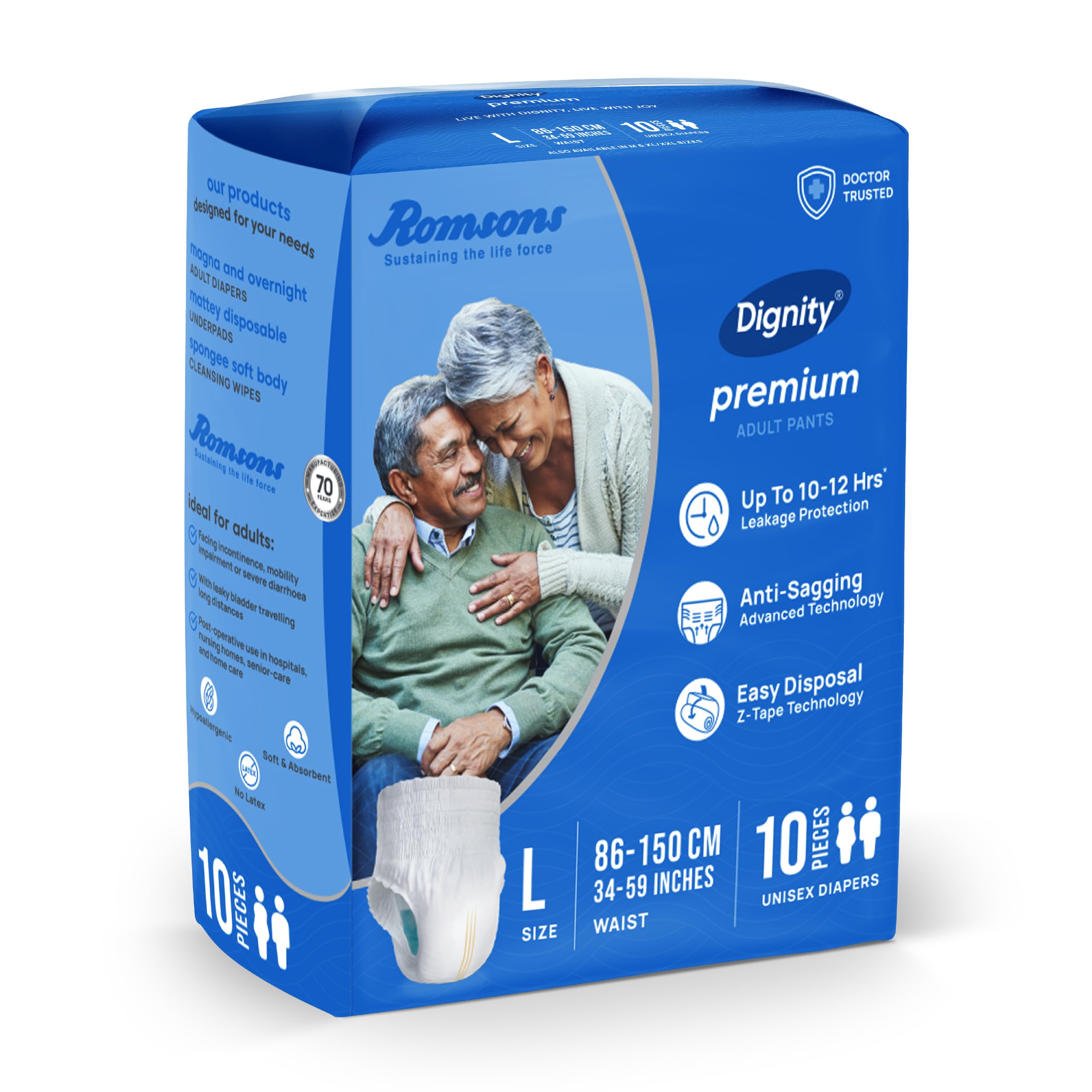 DIGNITY Premium Pant Style Adult Diapers - L (10 Pieces) With Wetness Indicator and Leakage Protection Upto 10-12 Hrs.