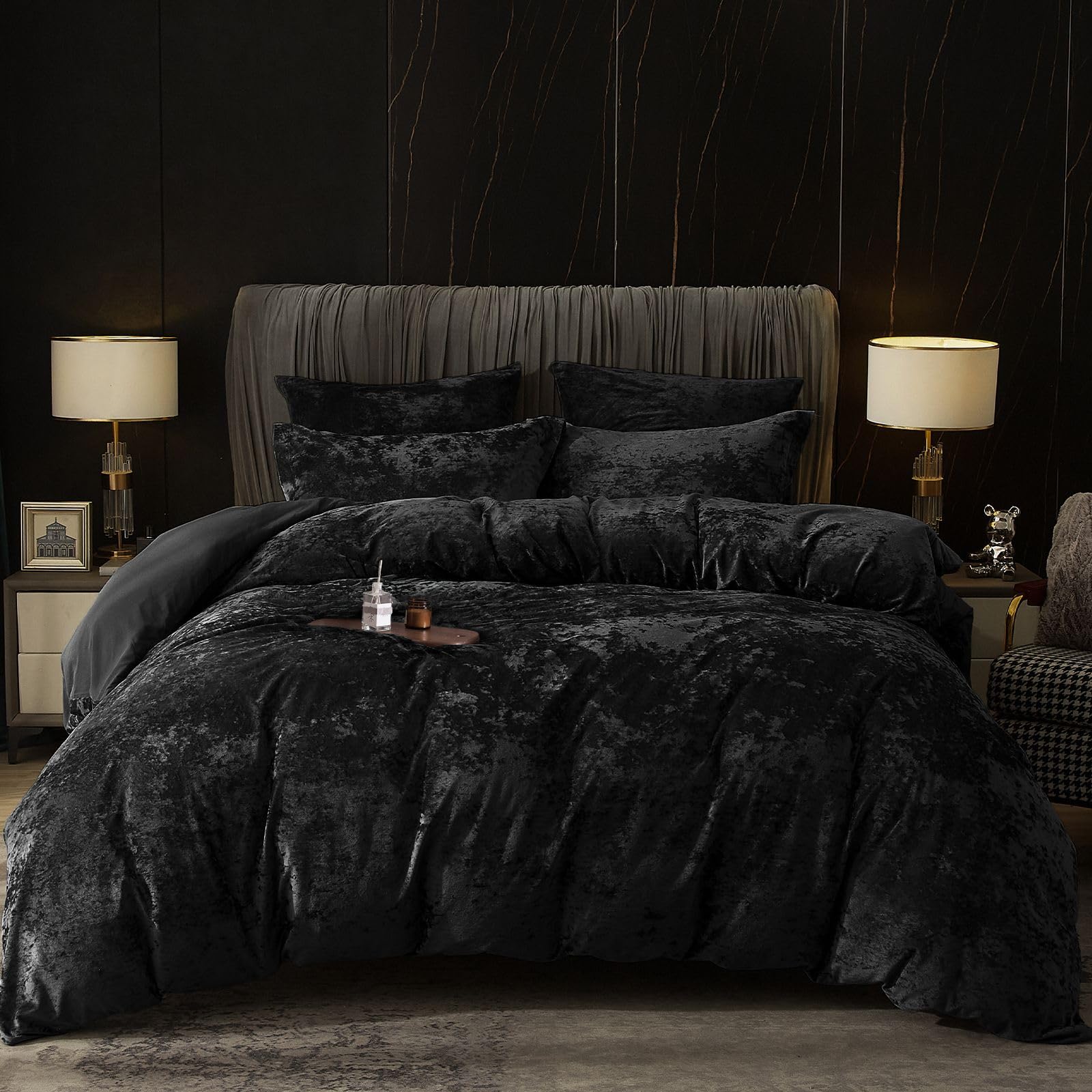 PHF Luxury Crushed Velvet Duvet Cover Set, Double Size 200x200cm, Black