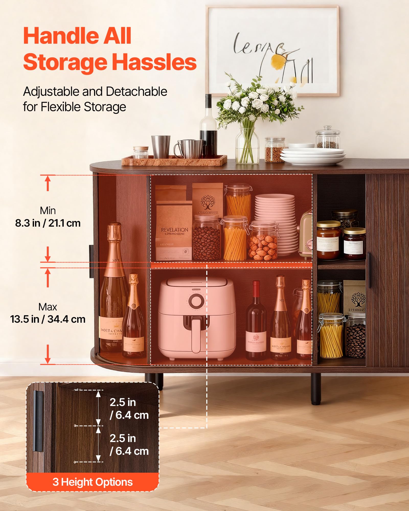 VEVOR Armadietto Organizzatore da Salotto con 2 Ante Scorrevoli, Credenza in Stile Medievale per Soggiorno, Ingresso, Mobile Contenitore da 140 x 40 x 75 cm, Credenza da Cucina in Noce