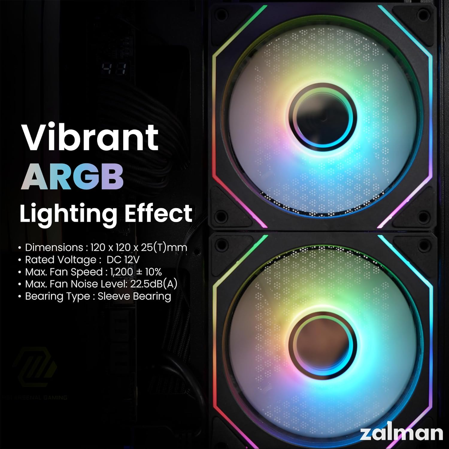 Close-up of two vibrant ARGB fans with specifications