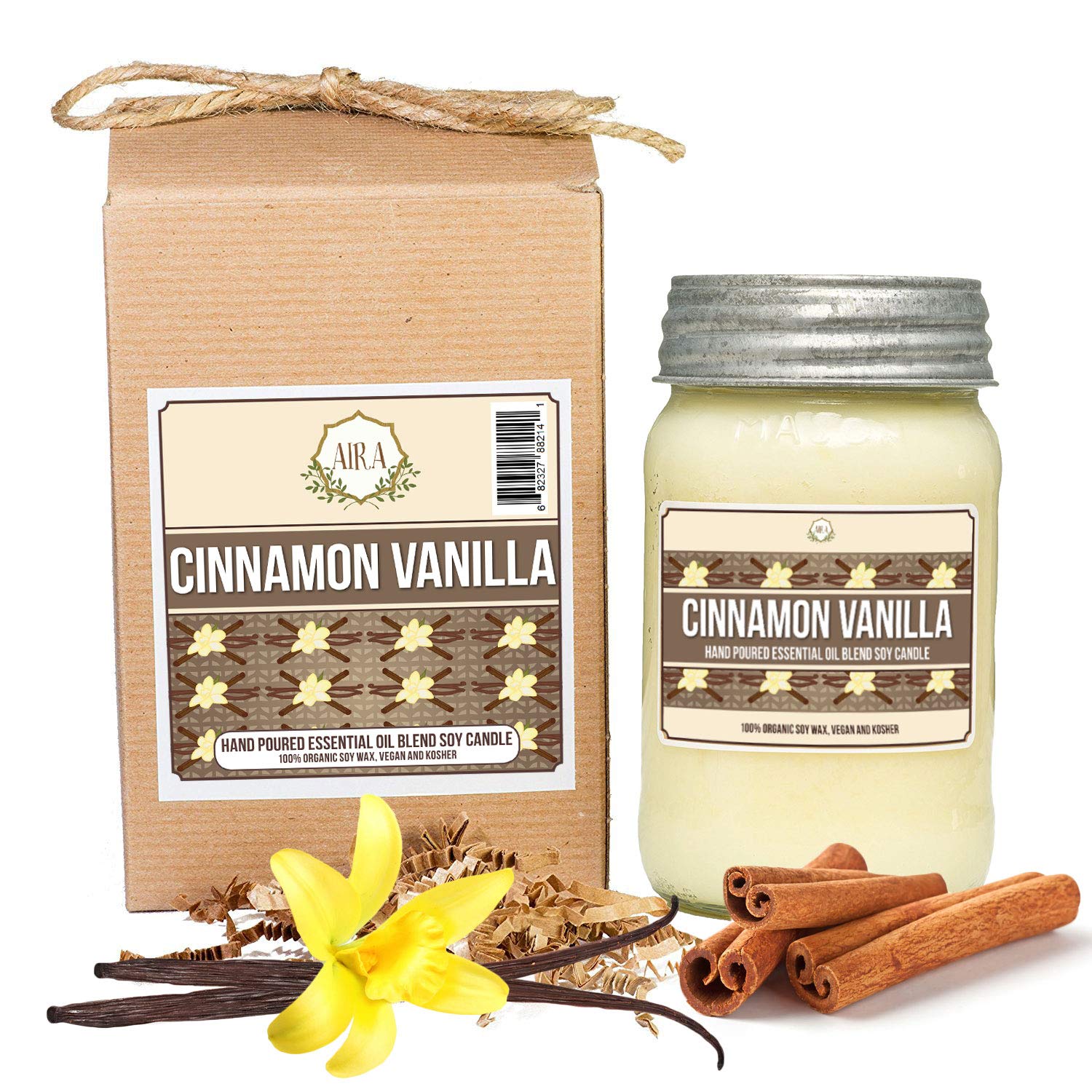Aira Soy Candles - Organic, Kosher, Vegan, in Mason Jar w/Therapeutic Grade Essential Oil Blends - Hand-Poured 100% Soy Candle Wax - Paraffin Free, Burns 110+ Hours - Cinnamon Vanilla -16 Ounces