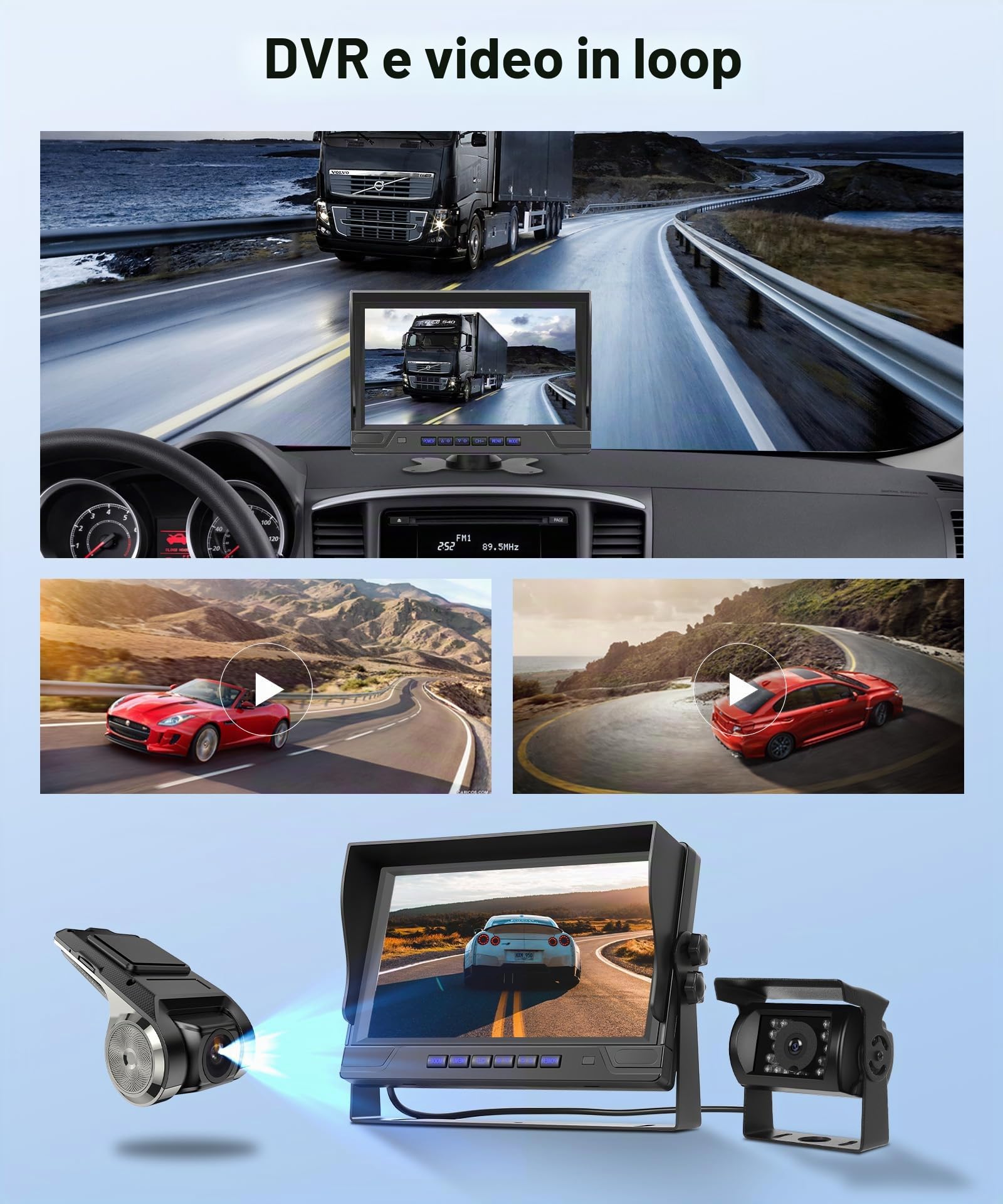Telecamera Retromarcia Set 4 Telecamere, 9 Pollici Monitor 4 Schermi Suddivisi, IP68 Impermeabile/Visione Notturna/DVR/Loop Video/Ausilio al Parcheggio, per Camion/Bus/KFZ/Furgone/Camper con 35M Cavo
