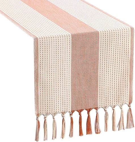 Camino de mesa rústico de granja de 90 lches, estilo arpillera largo, 13 x 90 pulgadas, camino de mesa trenzado hecho a mano con borlas para