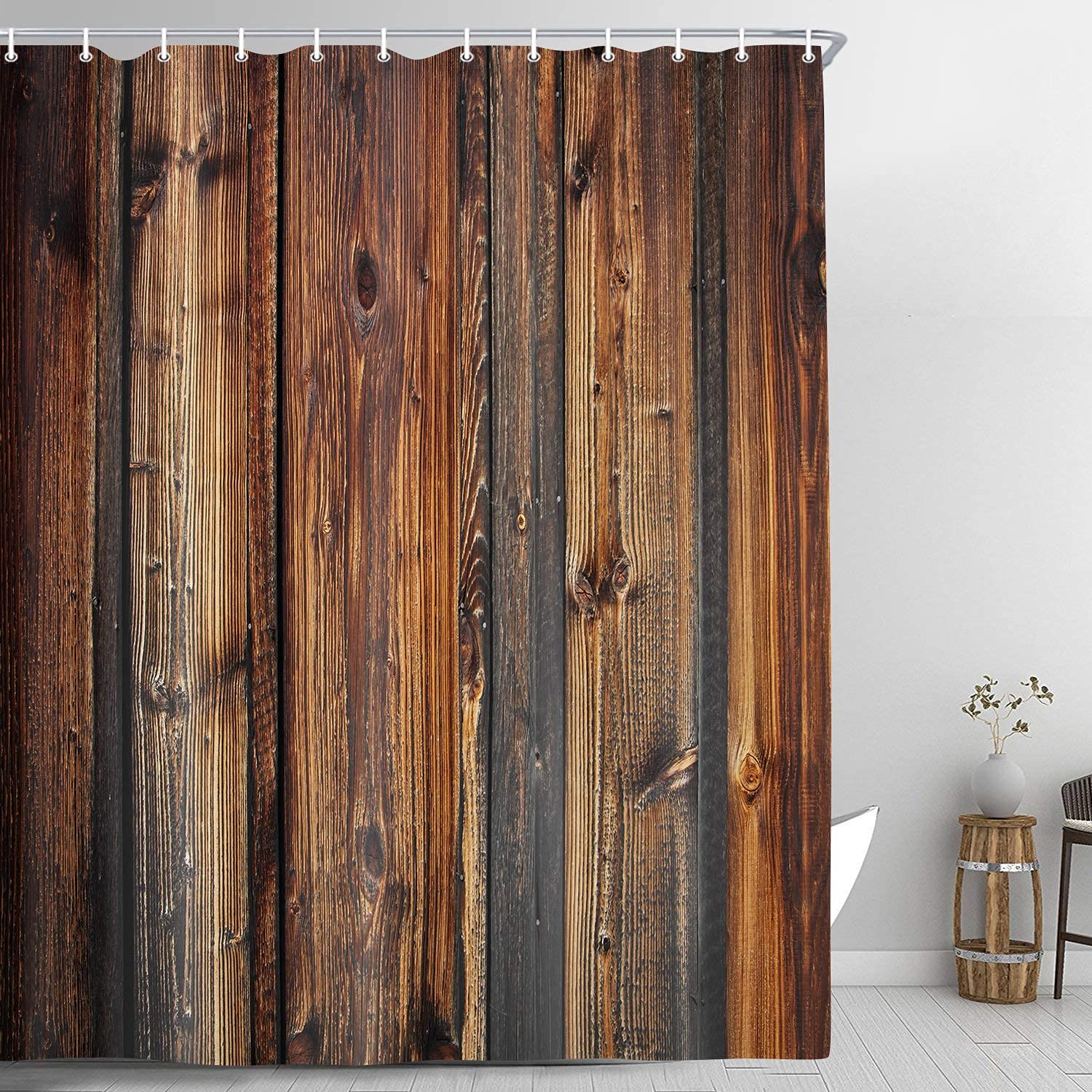 Holz-Duschvorhang, rustikaler Landhaus-Stil, Holzbrett, dunkelbraun, Duschvorhänge, Western Barnwood, Bauernhof-Dekorstoff, Badezimmer-Vorhang-Sets mit Haken, 175 x 177 cm