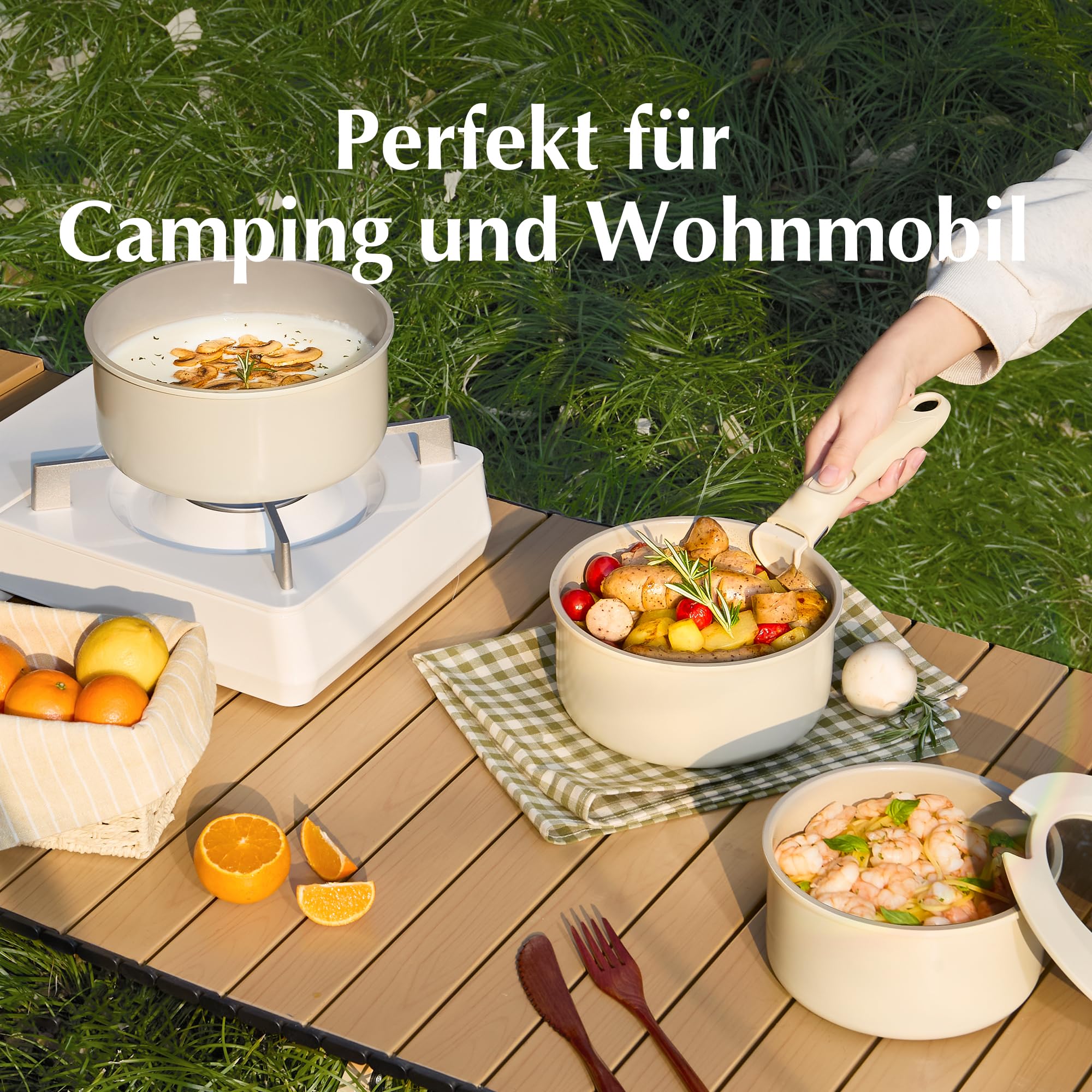 Redchef Set di Pentole Ceramica e Casseruola con manici rimovibili, pentole antiaderenti 16/18/20cm, coperchio ermetico 3-in-1, compatibile con induzione e tutti i piani cottura, resistenti al forno
