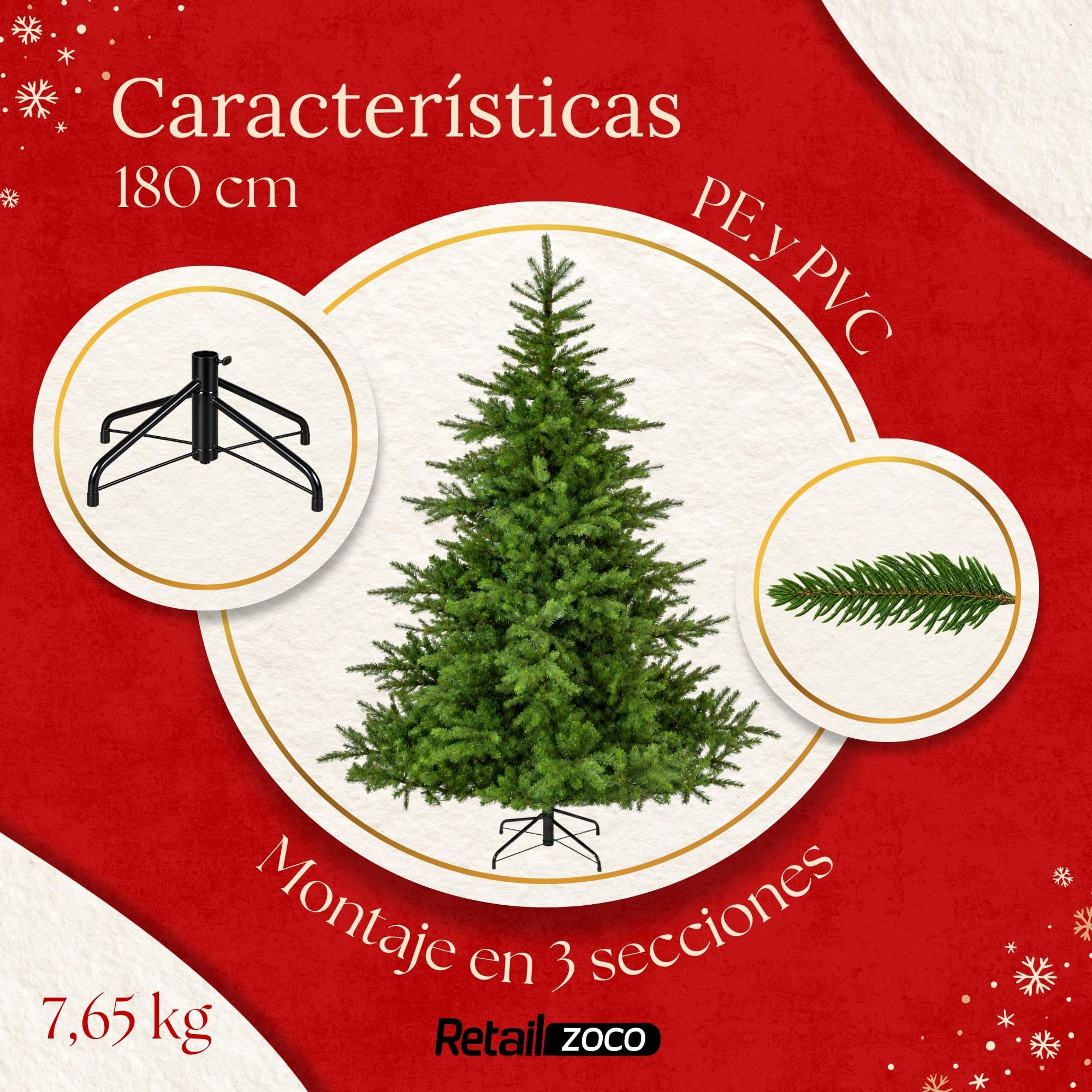 Árbol de Navidad Artificial 180 cm, 1564 Puntas y Base Metálica - imagen 4