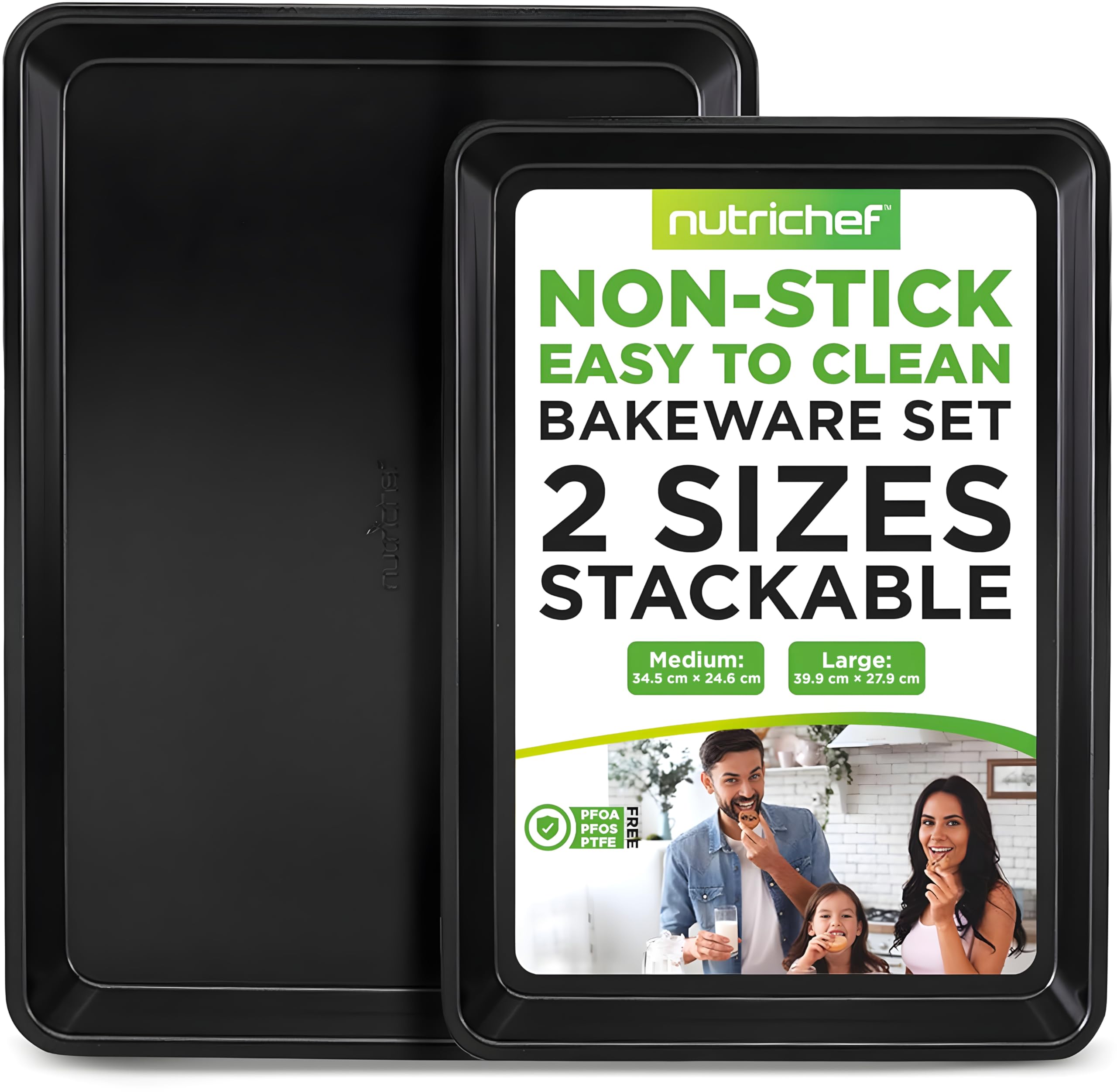 Nutrichef Baking Pans Set - 2-Pack Non-Stick Cookie Sheet Bakeware, Durable Food-Grade Metal, Easy-to-Clean Oven Trays, Dishwasher Safe, Stain-Resistant, Fits Toaster & Convection Ovens (Black)