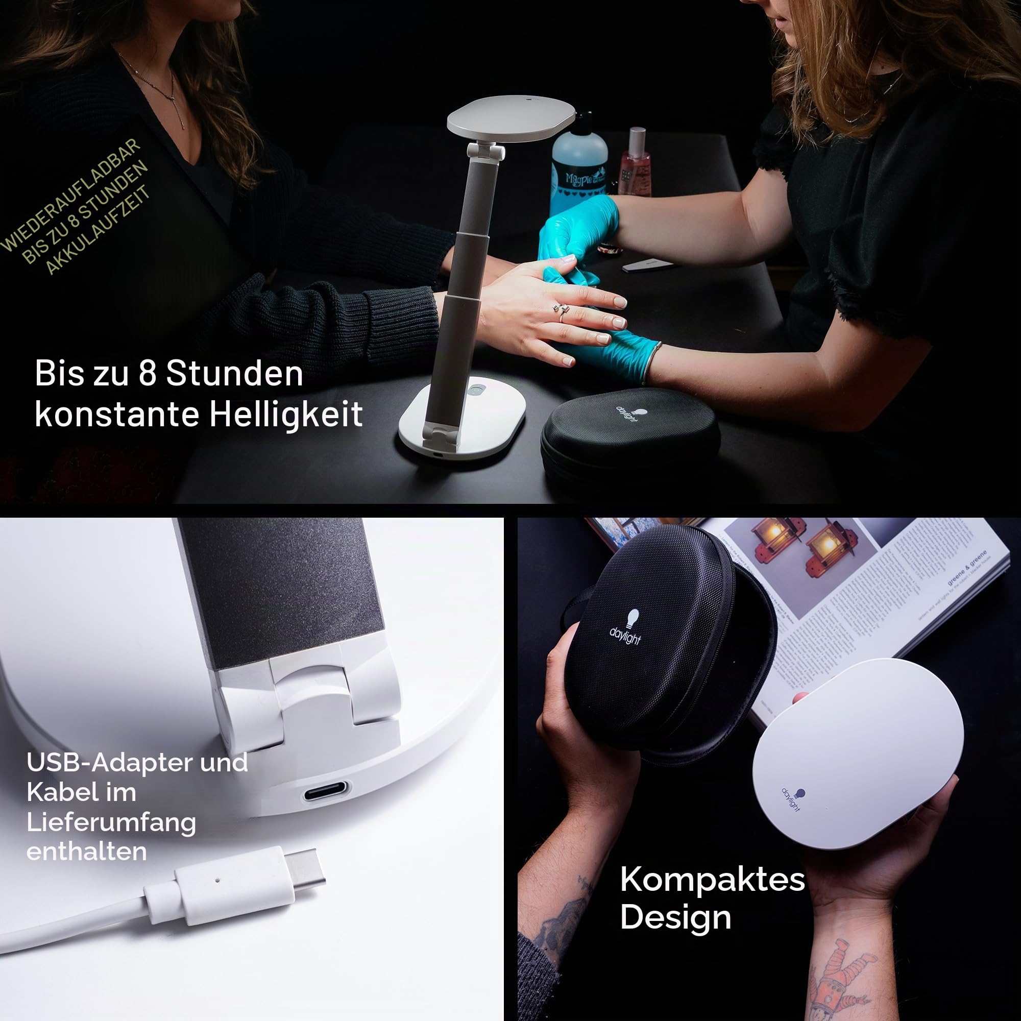 daylight Foldi Go™ Aufladbare LED Schreibtischlampe – 6000K, 4 Helligkeitsstufen, Verstellbarer Arm, Kompakt & Tragbar mit Tragetasche, Kabelloses Lese- & Bastellicht