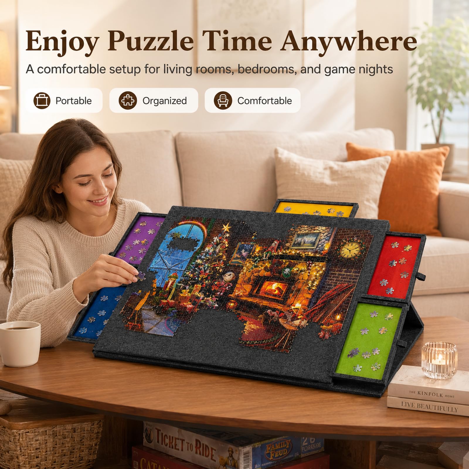 Plateau de Puzzle inclinable, 1000 pièces, 6 tiroirs, Couvercle | Support 2-en-1, surface en feutre ultralégère, rangement par couleurs, transport facile, pour adultes