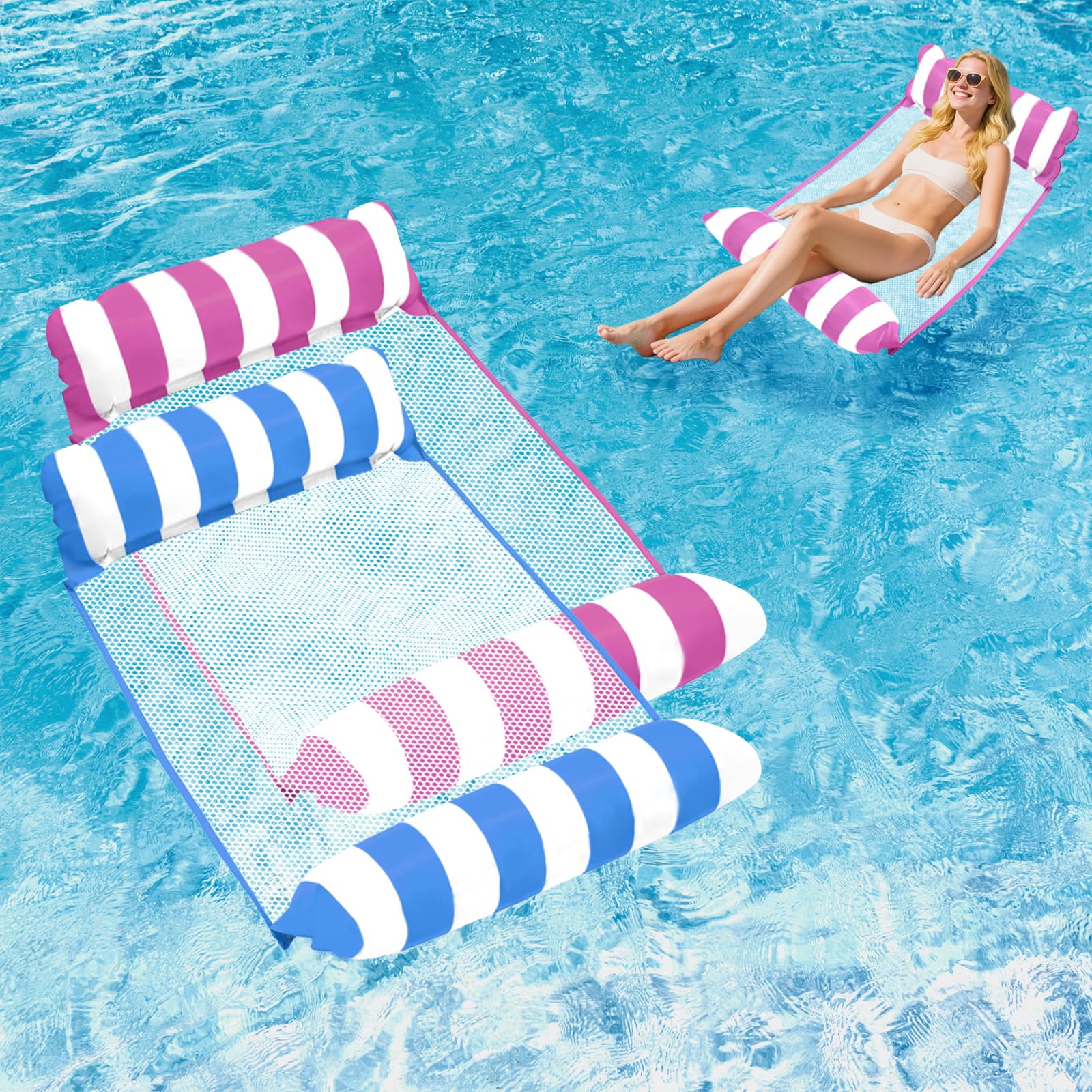 Pool Floats Adult - Upgraded Inflatable Mesh Floating Rafts, 4-in-1 Multi-Purpose Pool Float, Water Hammock Lounges Floaties for Parties Multi Colors Pink + Blue