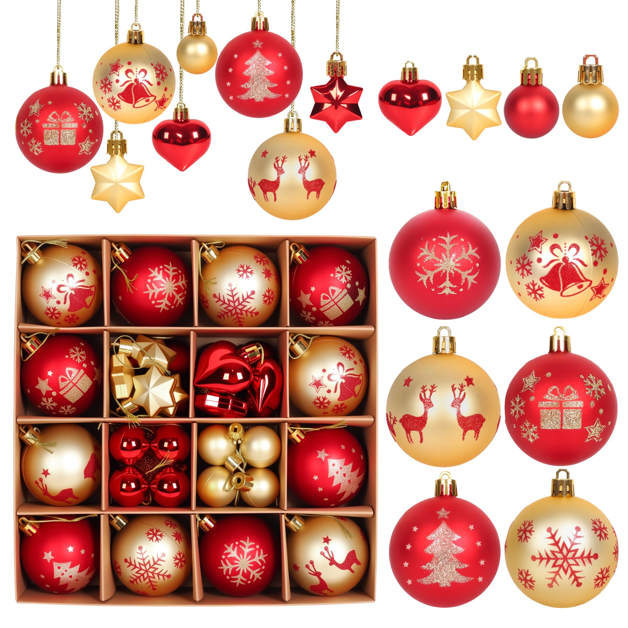 Herbbree Christmas Tree Decorations,44 Pcs Christmas Baubles with Red & Gold Balls,Shatterproof Hanging Ornaments for Xmas Tree Decorations Holiday Home Party(3CM-6CM)