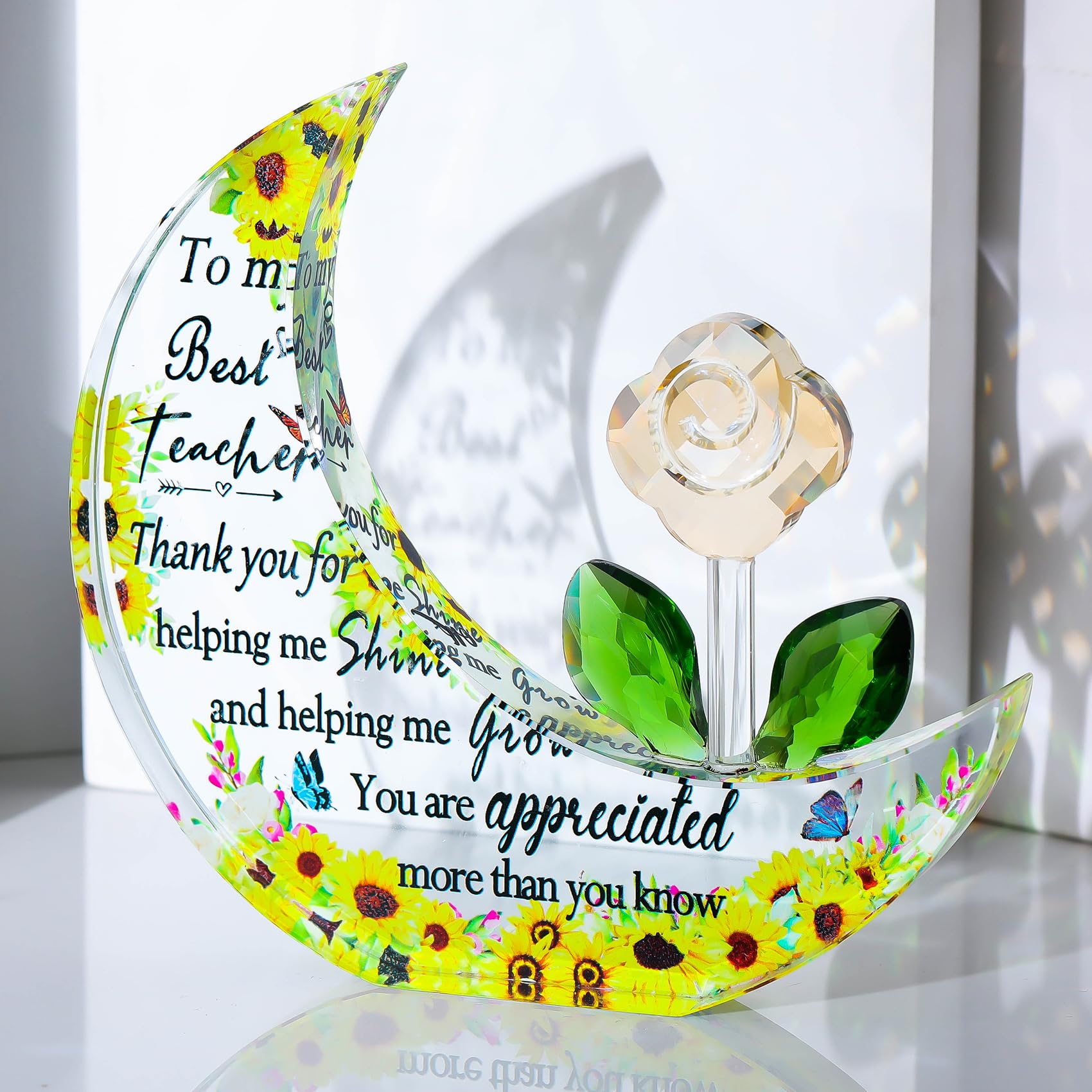 Movdyka Appreciation Gifts for Teacher from Kids Students Moon-shaped Plaque Thank You Gift for Teachers Women on End of Term Graduation Glass Thoughtful Keepsake Ornaments
