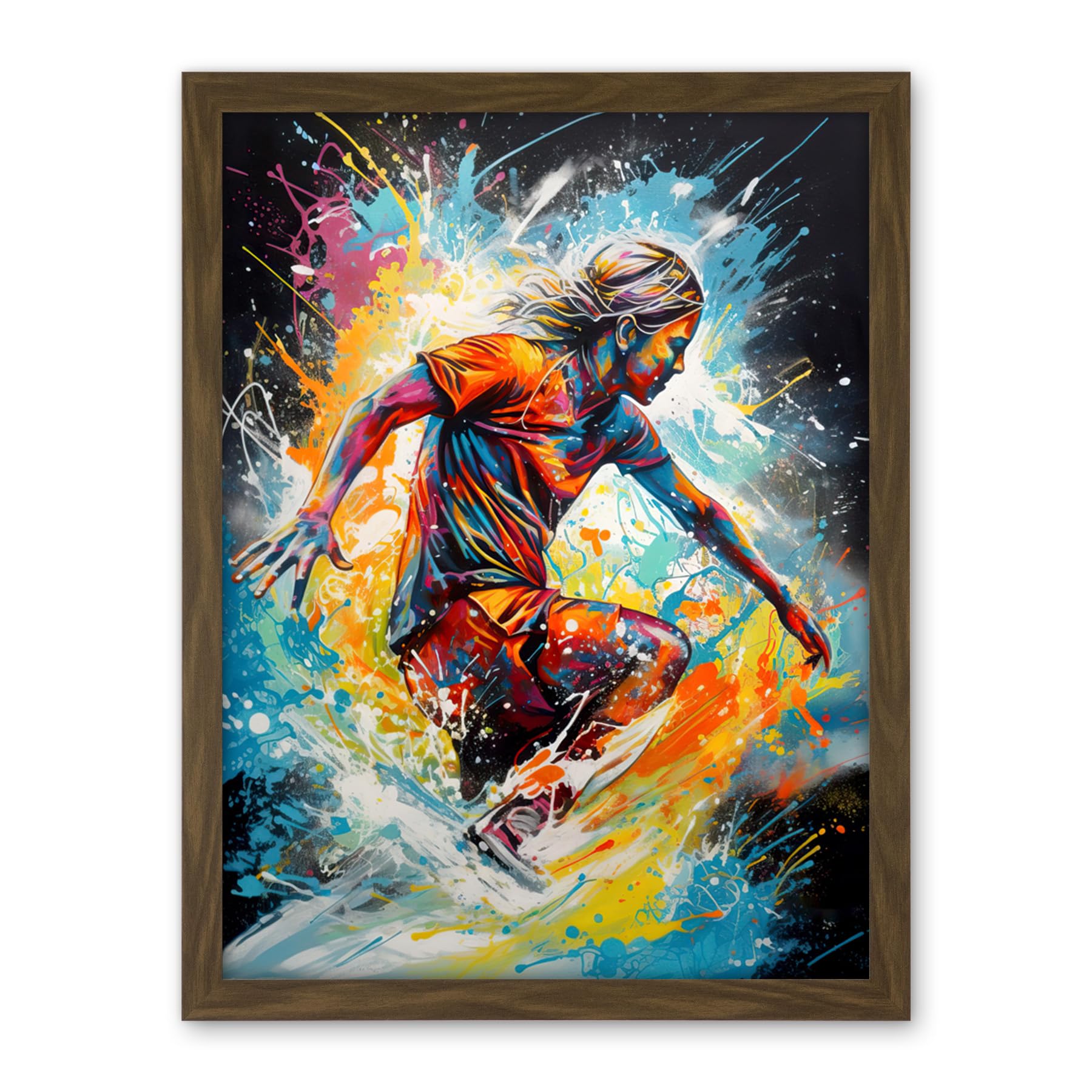Artery8 Surfer Surfing on Splatter Paint Crashing Waves Artwork Framed Wall Art Print 18X24 Inch