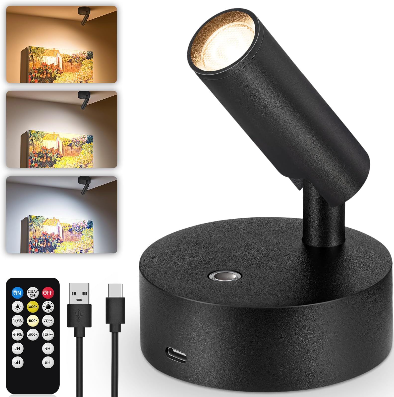 URTOMWireless LED Spotlight Indoor 3350mAh Rechargeable Battery Operated Spotlights Indoor with Remote 3000K/4000K/5000K Uplighting Indoor Dimmable Spot Lights Indoor for Plant Picture Wall, 1 Pack