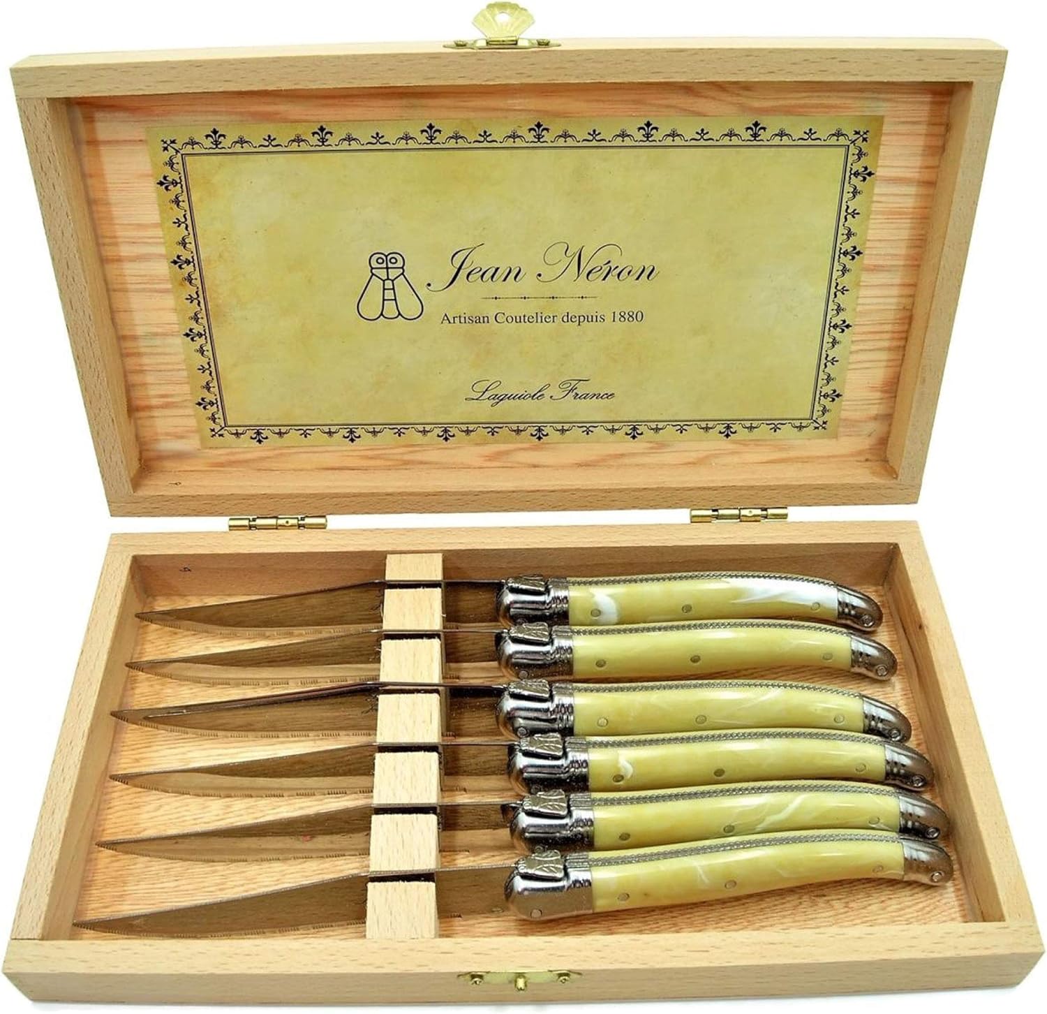 Laguiole Set of 6 Plated Steak Knives with Pale Horn Handles in Presentation Box by