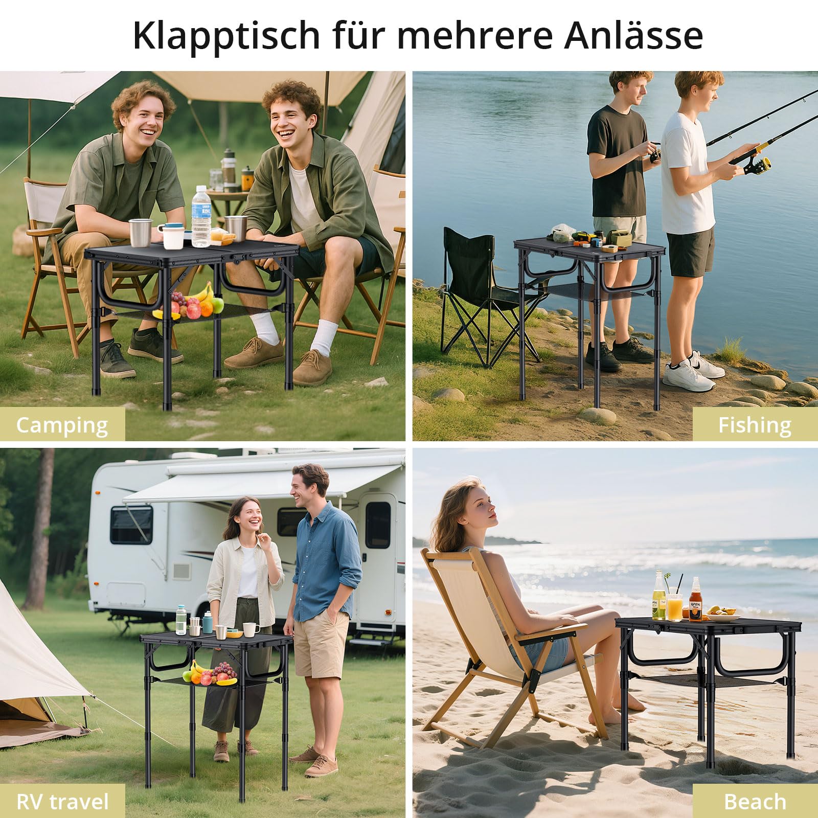 Anbte Campingtisch Klappbar 60x40cm Aluminium Rahmen 3 Höhenverstellbar 26/48/70cm Koffertisch mit Aufbewahrungsnetz Tragbar Picknicktisch für Camping Strand Balkon (Ganz Schwarz)