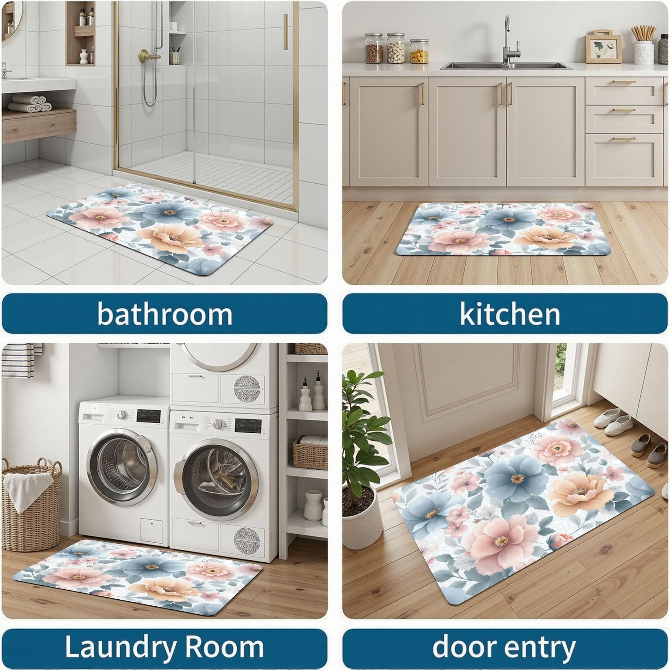 Tapis Entree Interieur Fleurs De Campagne Rurales 80x120cm Lavable en Machine, paillasson AntidéRapant Poil Ras, Aquarelle Coquelicot pour Chambre Salle a Manger Cuisine, Bleu Rose