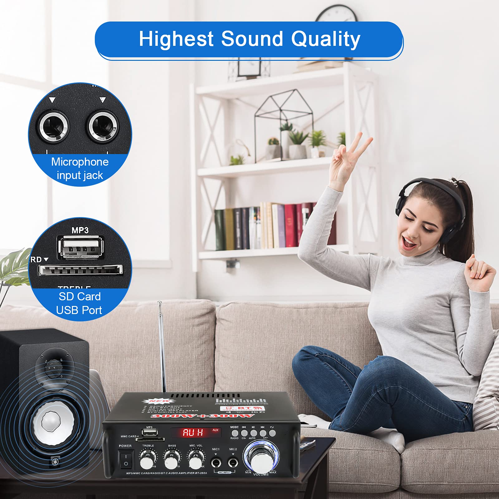 MakerHawk Wireless Bluetooth 5.0 Stereo Amplifier System 2x300 Watt 2