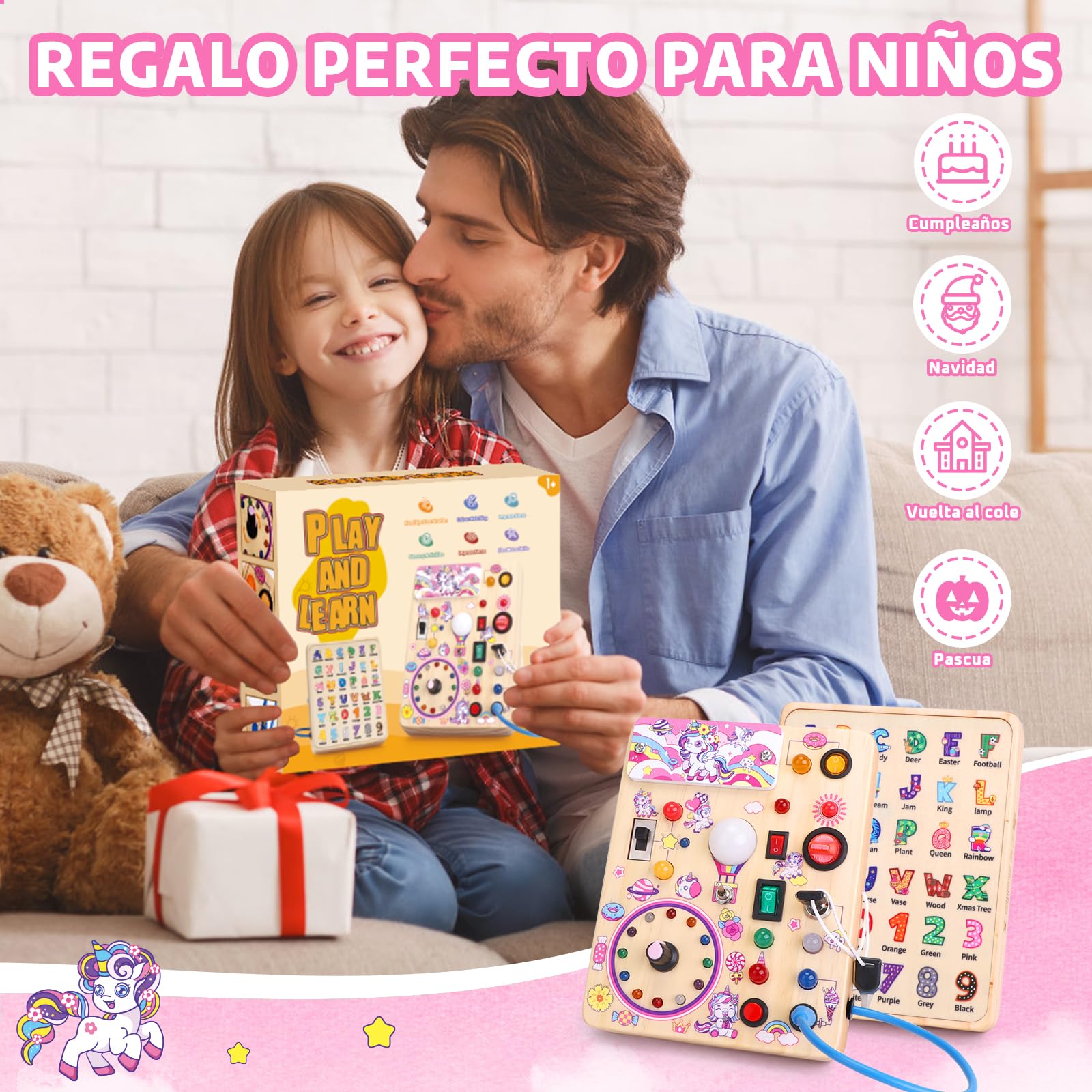 Juguetes Niños 1 año Montessori Unicorn Busy Board con 10 interruptores y 23 luces LED Juguete de Aprendizaje sensorial Juegos Niño 1 2 3 años Tablero de Actividades de Madera Regalo Niño Niña