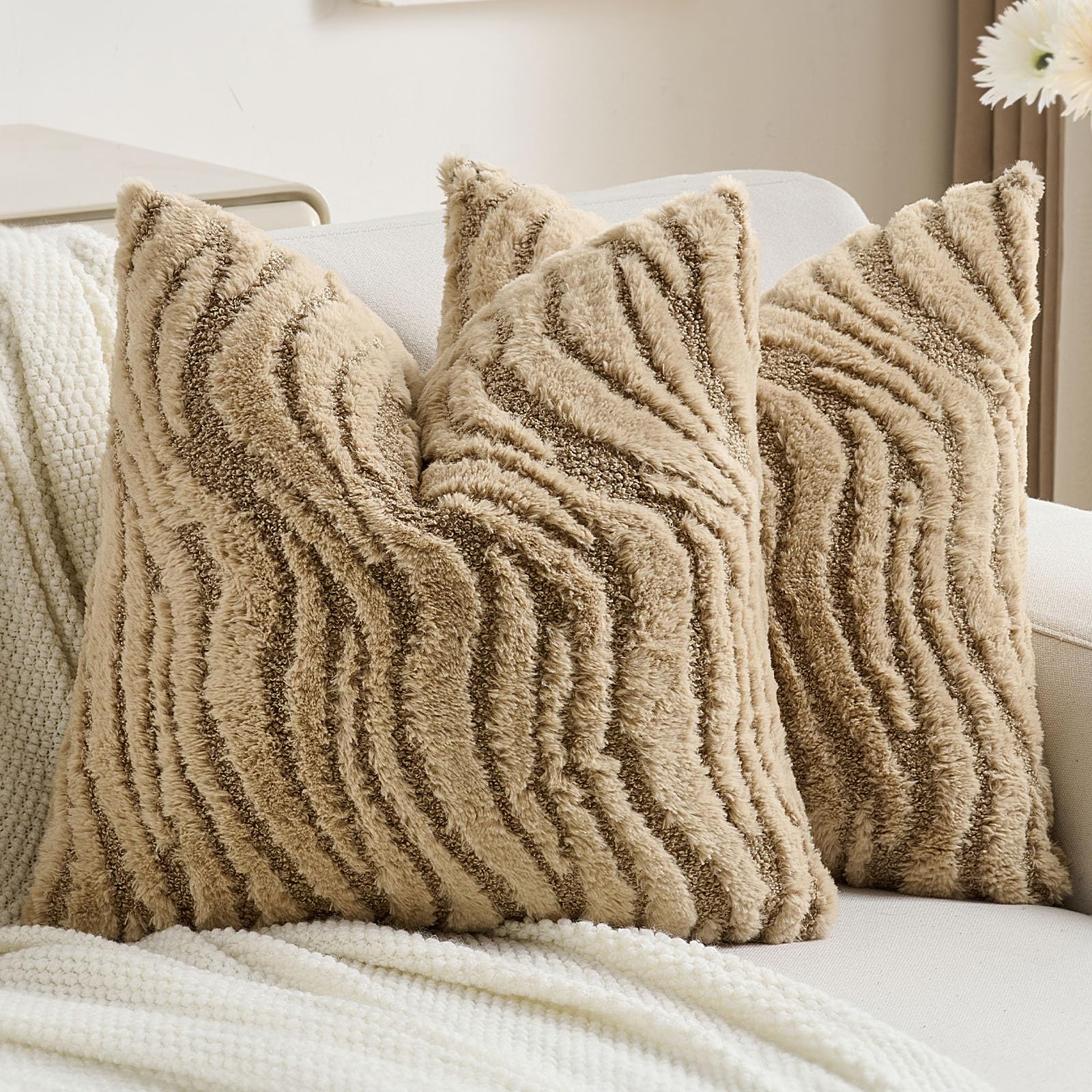 FUTEI Khaki Decorative Throw Pillow Covers 16x16 Inch Set of 2,Soft Faux Fur Geometric Shapes Texture Cushion Case,Boho Home Decor for Couch Bed