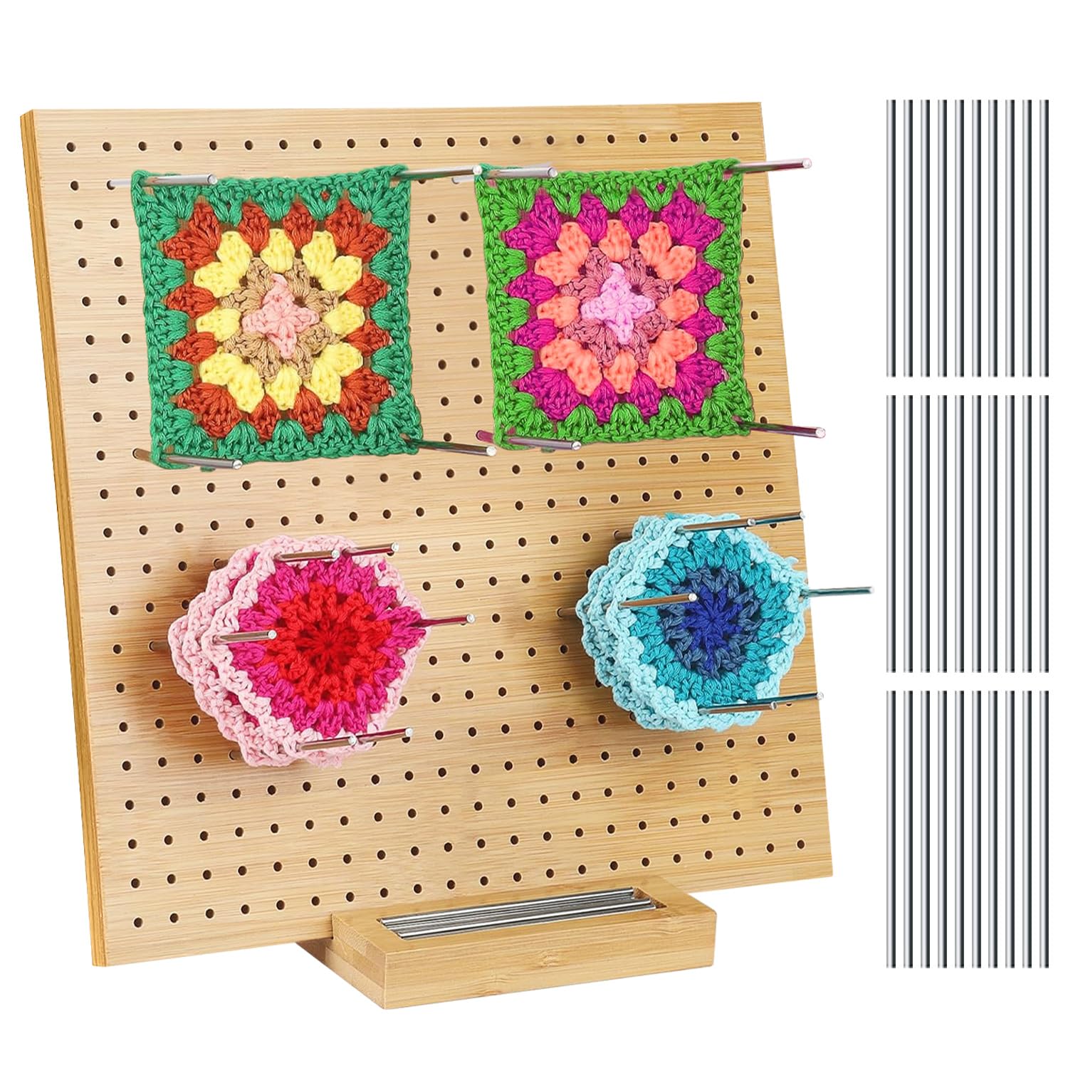 Buachois Tavola per Lavorare a Maglia Kit,Tavola Quadrata Fatta a Mano, Blocco e Aghi, 29 cm x 29 cm, con 30 Perni in Acciaio Inox, Tavola per Lavorare a Maglia e All'uncinetto di Progetti