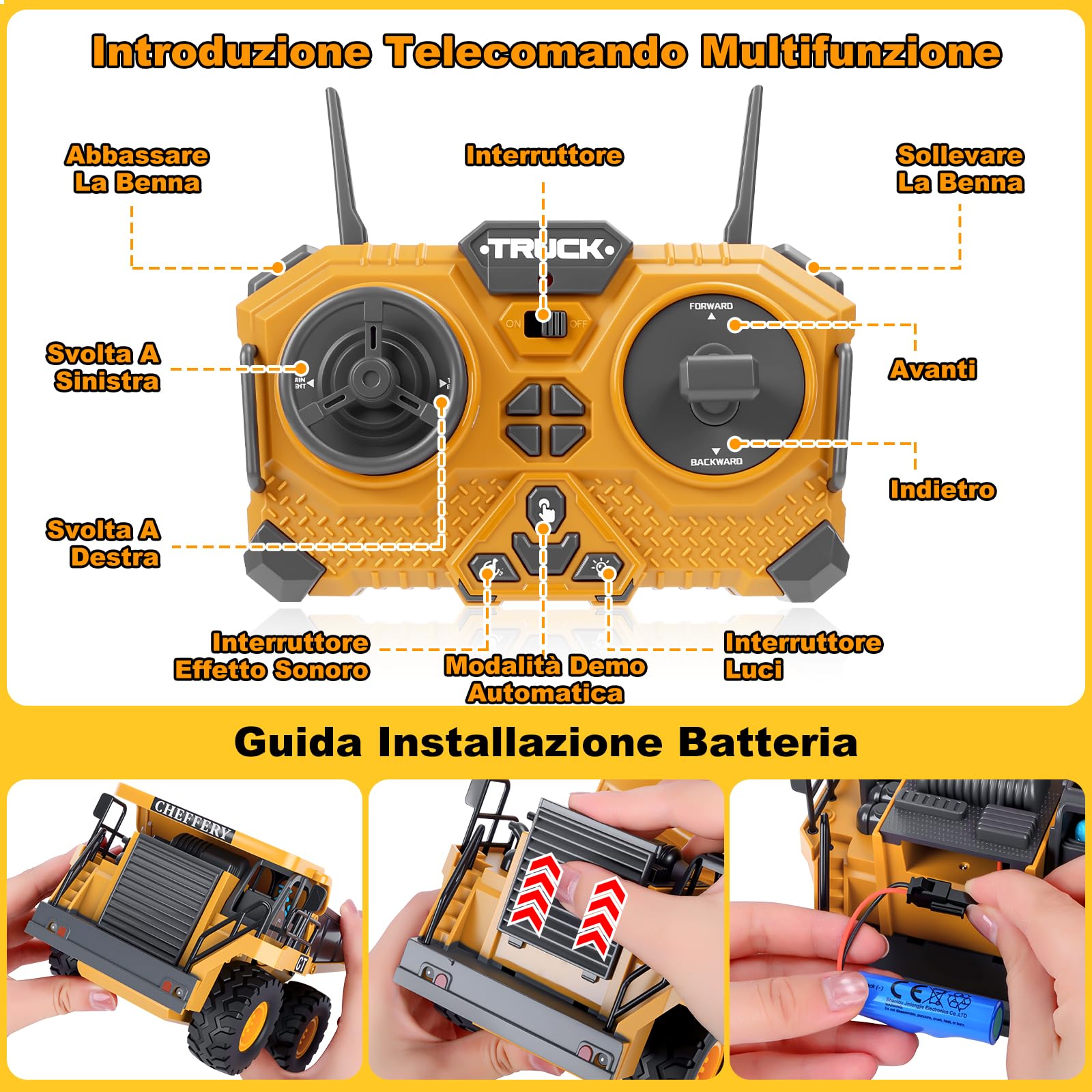 Camion Ribaltabile Telecomandato, 2.4GHz Veicolo da Costruzione RC per Bambini, 9 Canali Camion Radiocomandato con Luci e Suoni, Camion Telecomandato per Ragazzi e Ragazze dai 3 anni