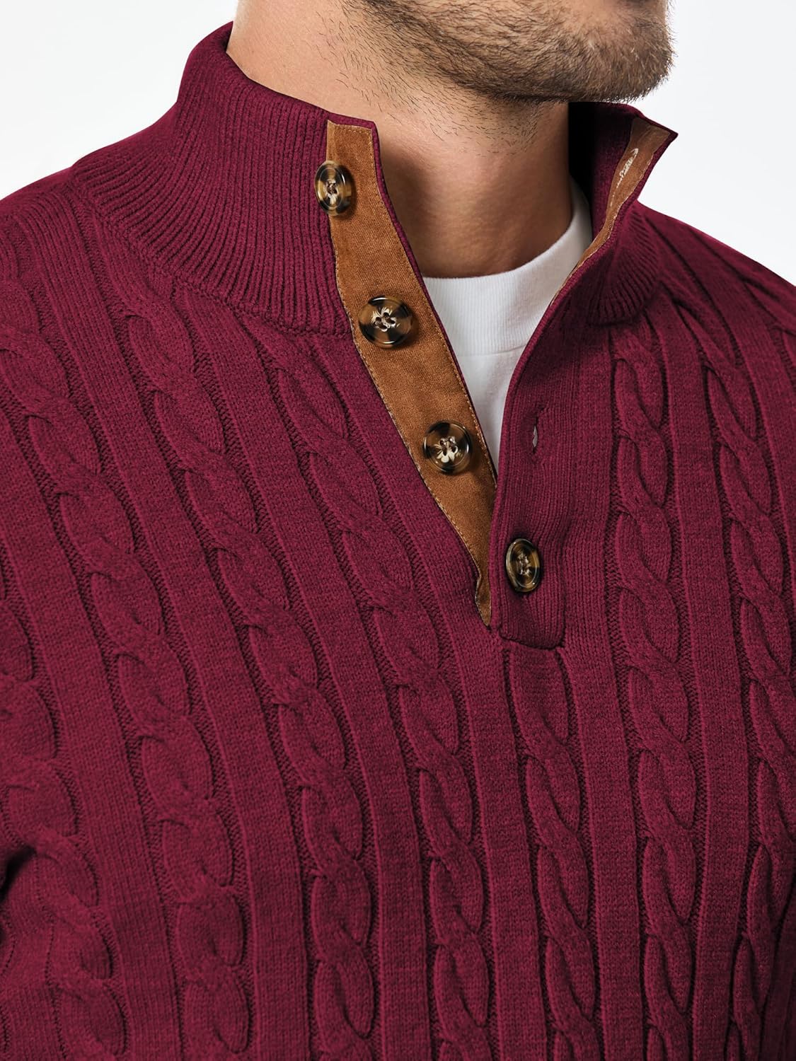 JMIERR Men's Cable Knit Pullover Sweater Casual Long Sleeve Stand Collar Button Knitted Sweaters - Image 5