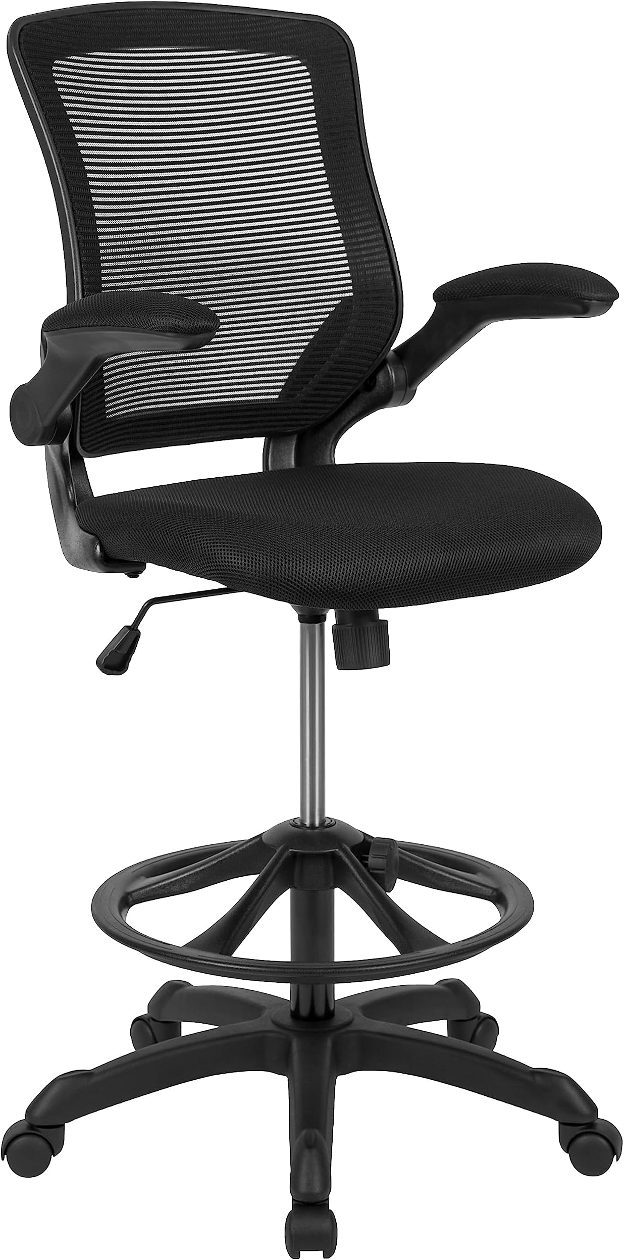 Flash Furniture Mid-Back Black Mesh Ergonomic Drafting Chair with Adjustable Foot Ring and Flip-Up Arms