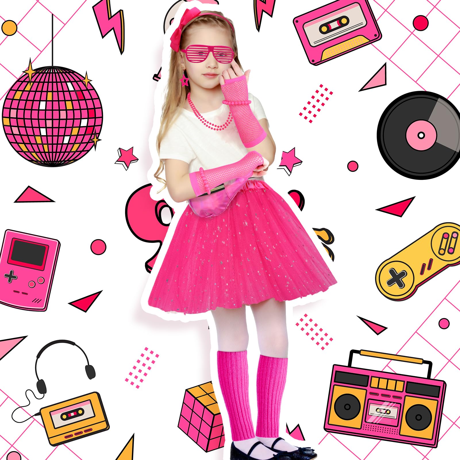 Partideal 80s Fancy Dress for Girls,23Pcs 1980s Fancy Dress Costumes Accessories Set Kids Tutu Leg Warmers Fishnet Gloves Necklace Bracelets Bow Headband Star Earrings Glasses Bumbag Rave Accessories - Image 4