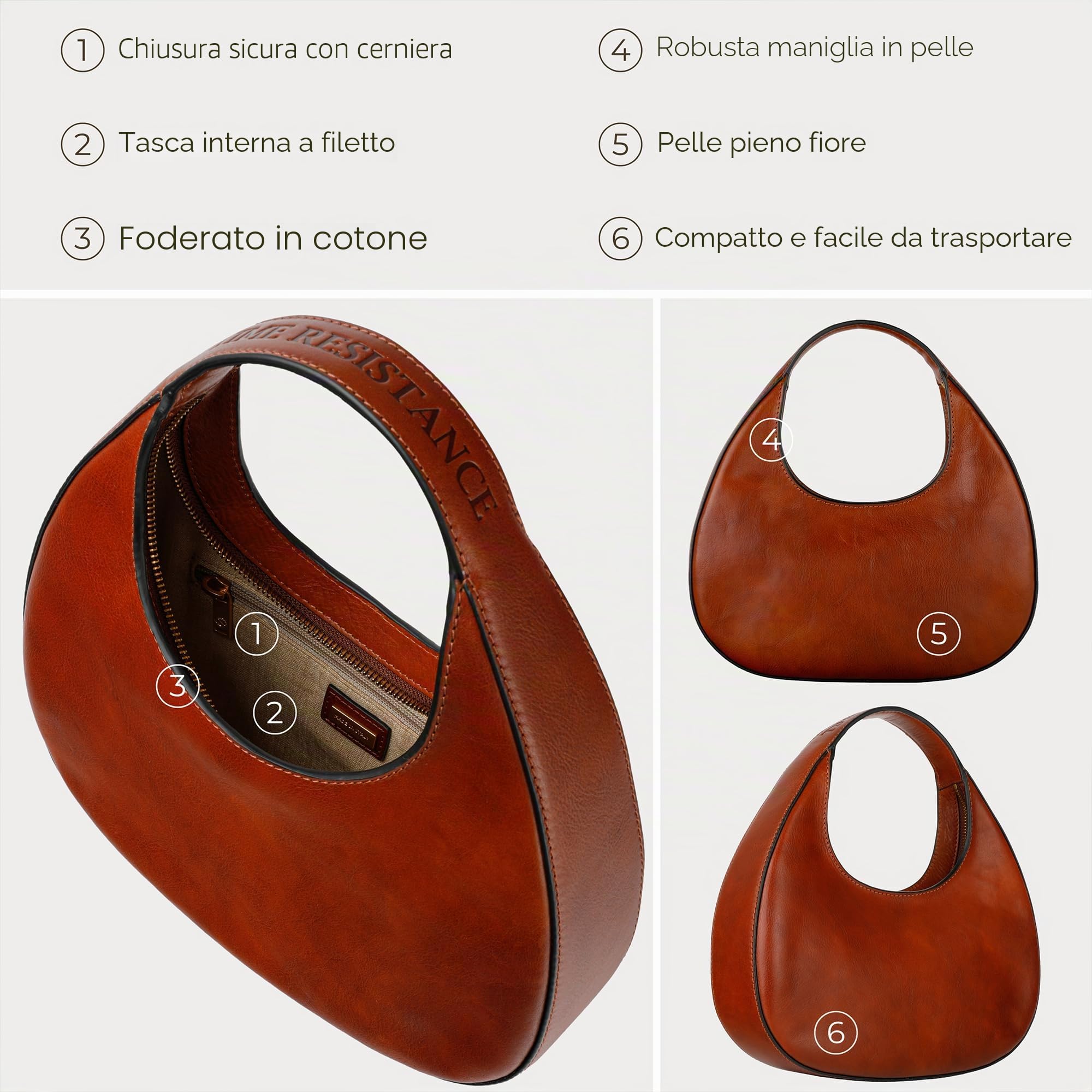 Time Resistance Borsa in Pelle - Borsa in Pelle Pieno Fiore da Donna - Borsa con Manico Superiore - Borsa Tote