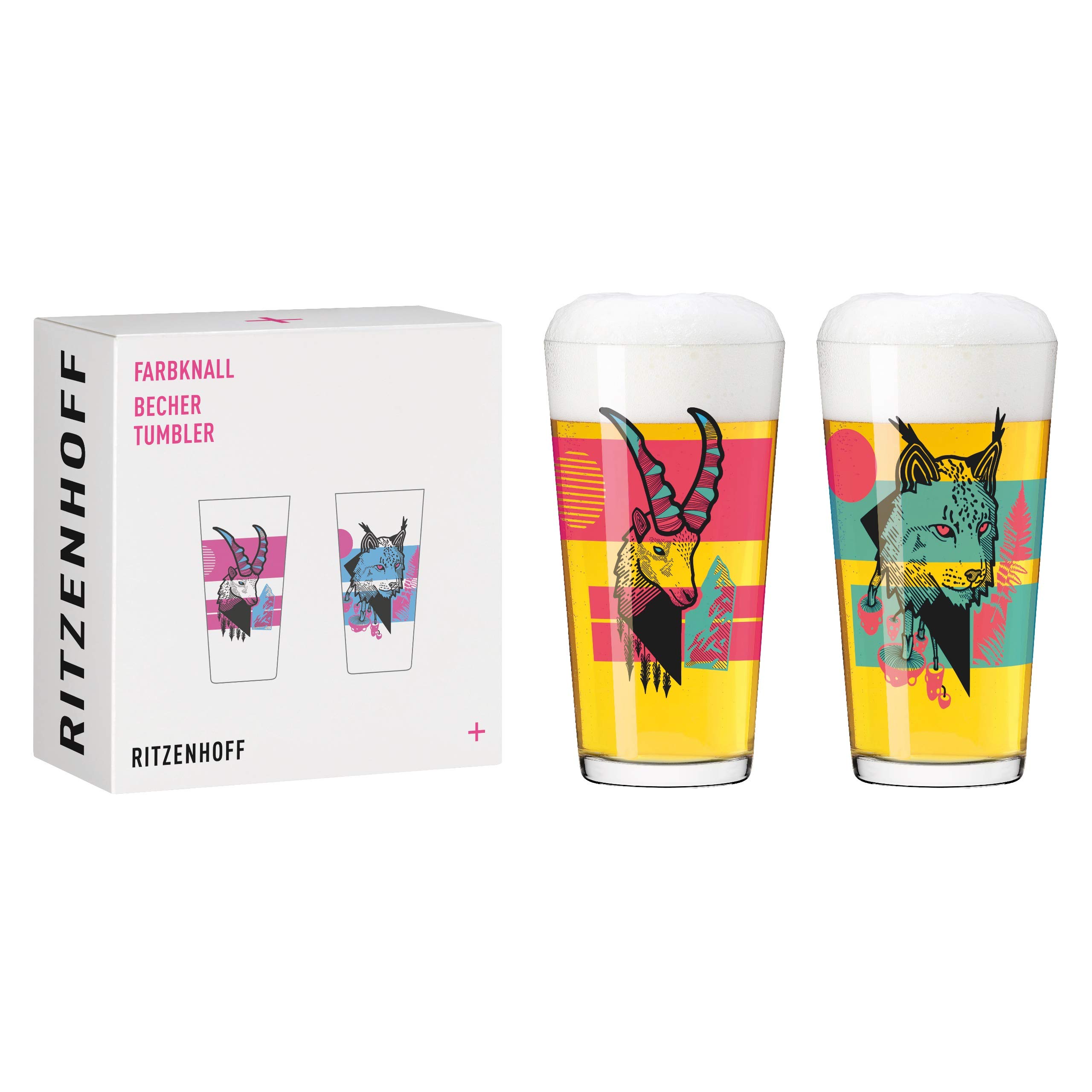 RITZENHOFF 3491003 Mug 400 ml - Set of 2 - Colour Bang Series Set No. 3-2 Pieces with Animal Illustration - Made in Germany