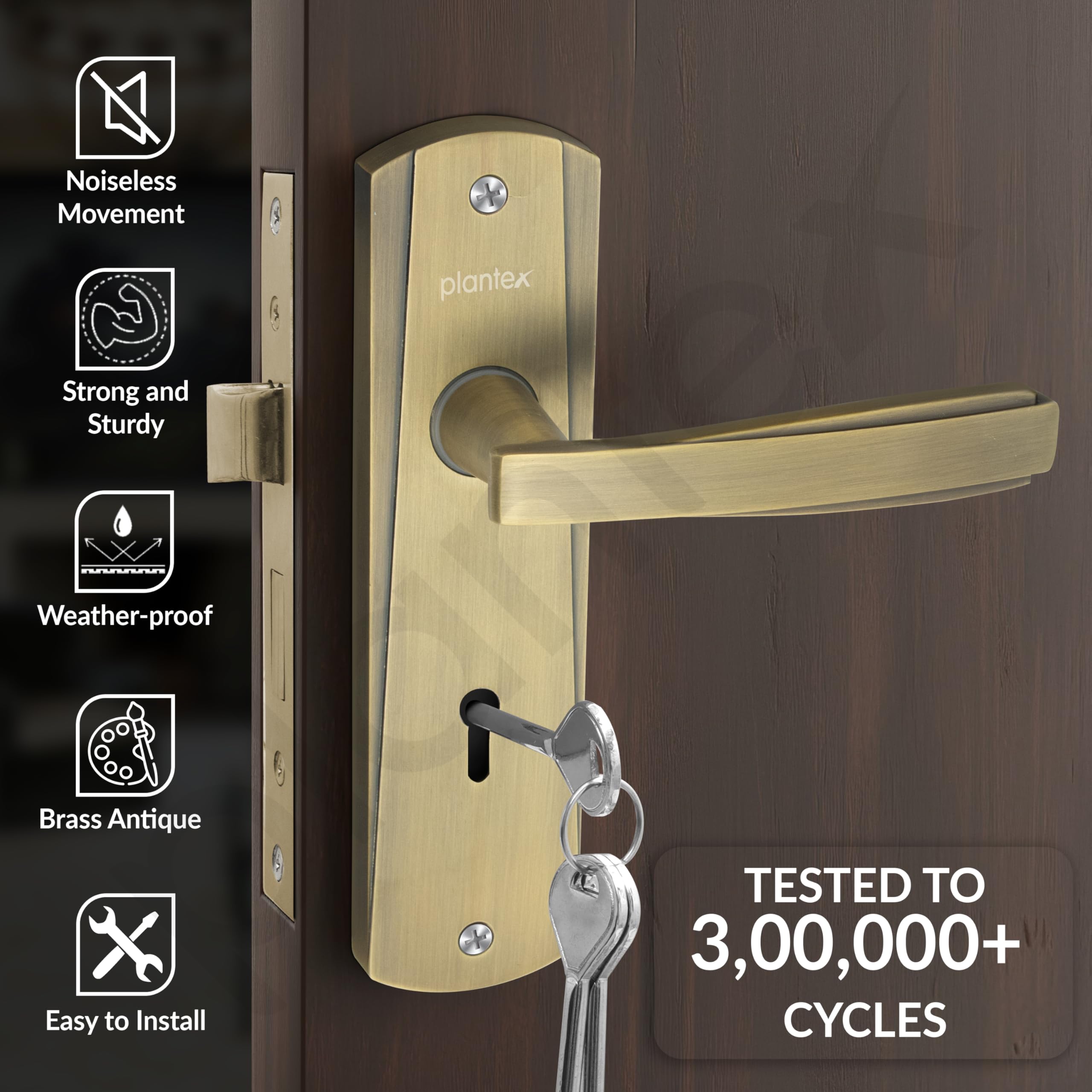 Plantex Heavy-Duty Door Lock Set - Main Door Lock Handle Set/Mortise Lock with 3 Keys, Pack of 1 (8130-Brass Antique) — Amazon image 2