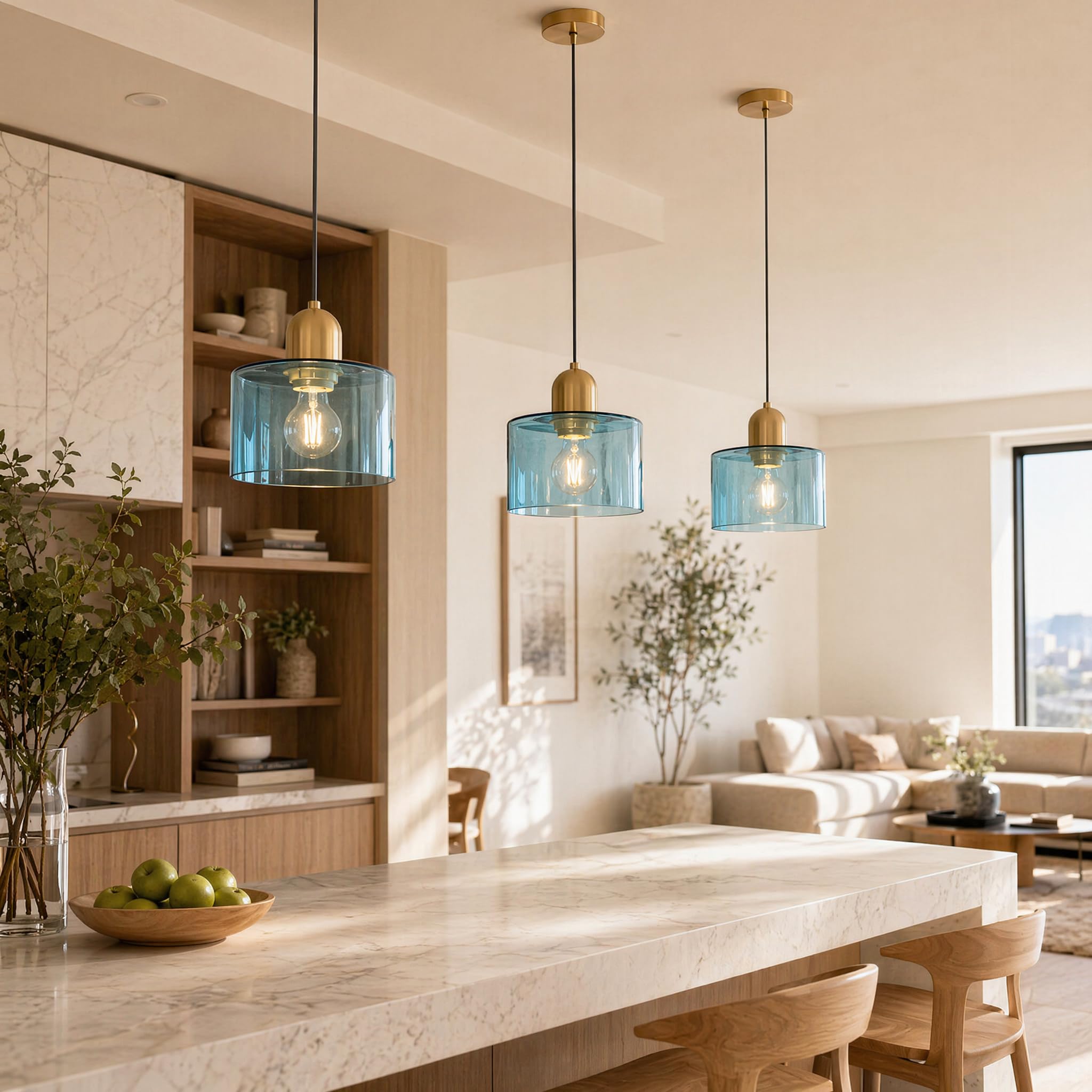 Mini Lampadario in Vetro, Lampada a Sospensione Moderna Retro E27 in Metallo Oro per Sala da Pranzo,Soggiorno,Cucina e Camera da Letto (Blu)