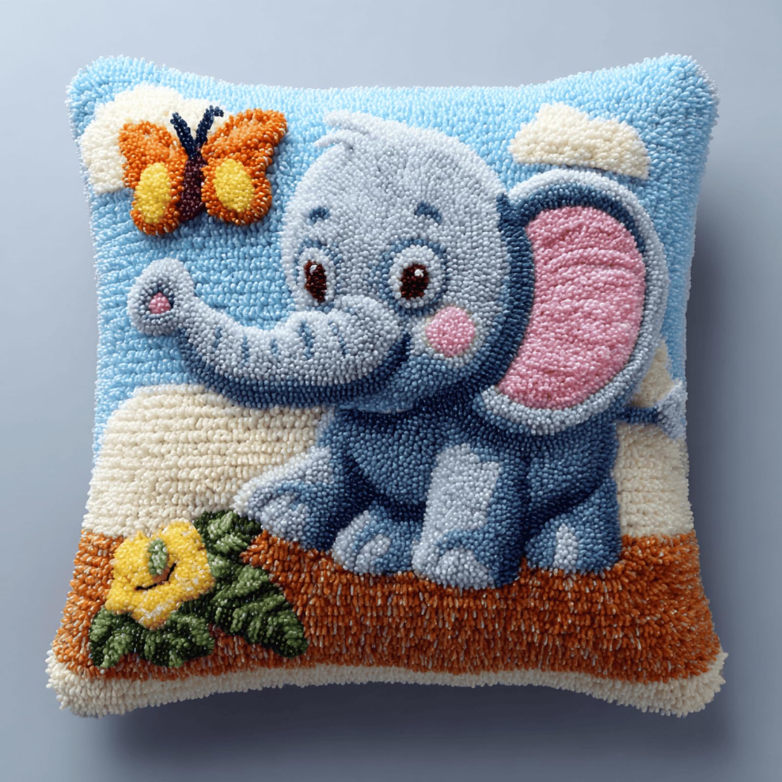 XDEGHUANGSS Butterfly Elephant Latch Hook Cushion Kit for Beginners - DIY Handmade Pillowcase Sofa Cushion Cover, Home Decoration Yarn Craft Gift Set,43x43 cm