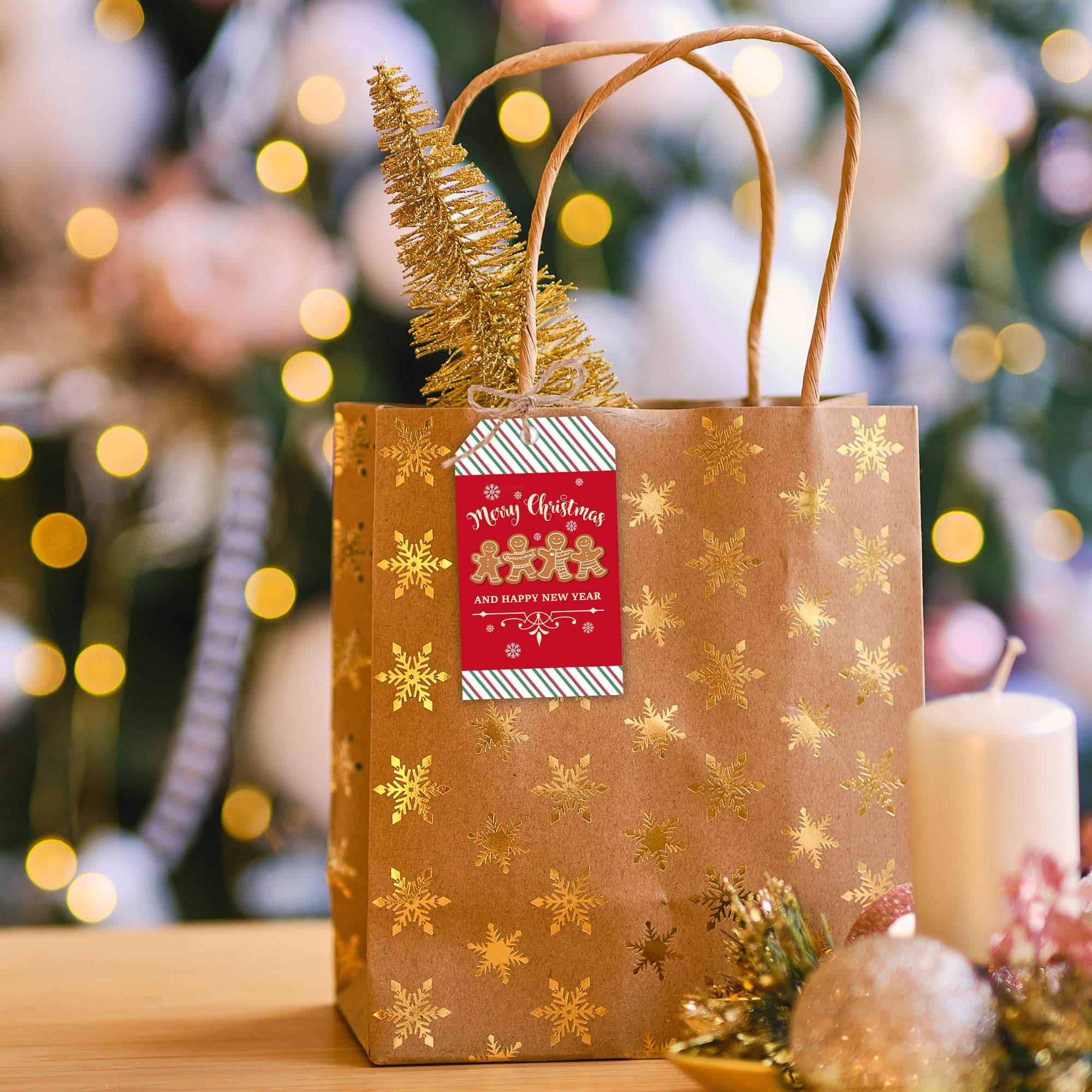 Rote Weihnachts-Geschenk-Etiketten mit Schnur, 5,1 x 8,9 cm, Lebkuchenmann-Geschenkanhänger, 50 Stück Weihnachts-Schneeflocken-Papieranhänger, Urlaubsverpackung, Partyzubehör, rot-grün gestreift - C02