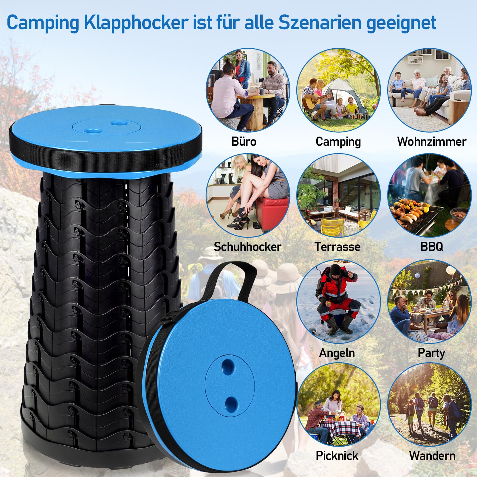 Sgabello telescopico pieghevole portatile da campeggio, regolabile in altezza e stabile, portata fino a 150 kg, compatto per esterni, giardino e viaggi, blu
