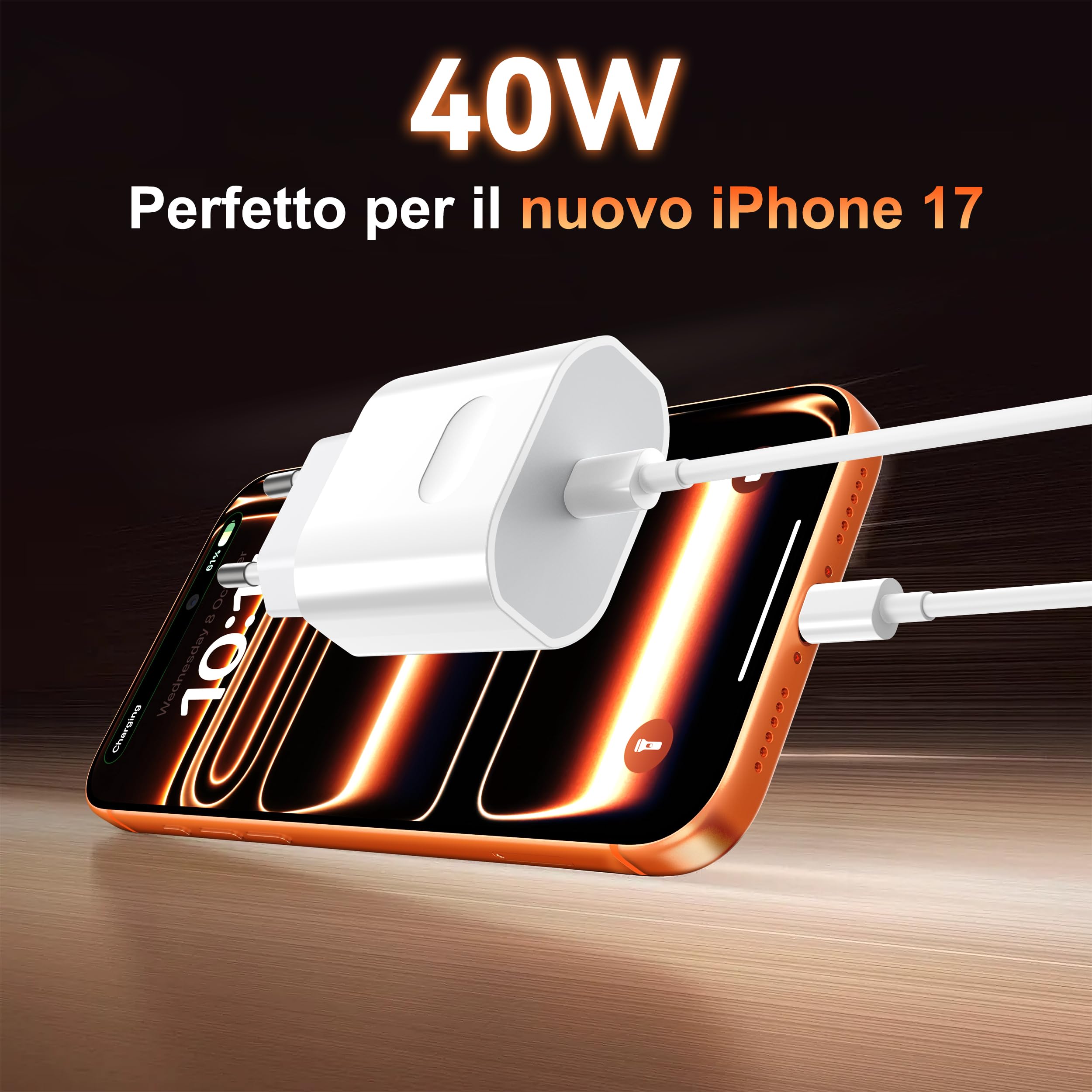 Caricatore USB C 40W per iPhone 17/17 Pro/17 Pro Max/17 Air, iPhone 16/15, USB C Caricabatterie Alimentatore Presa Spina Veloce con Cavo 2M