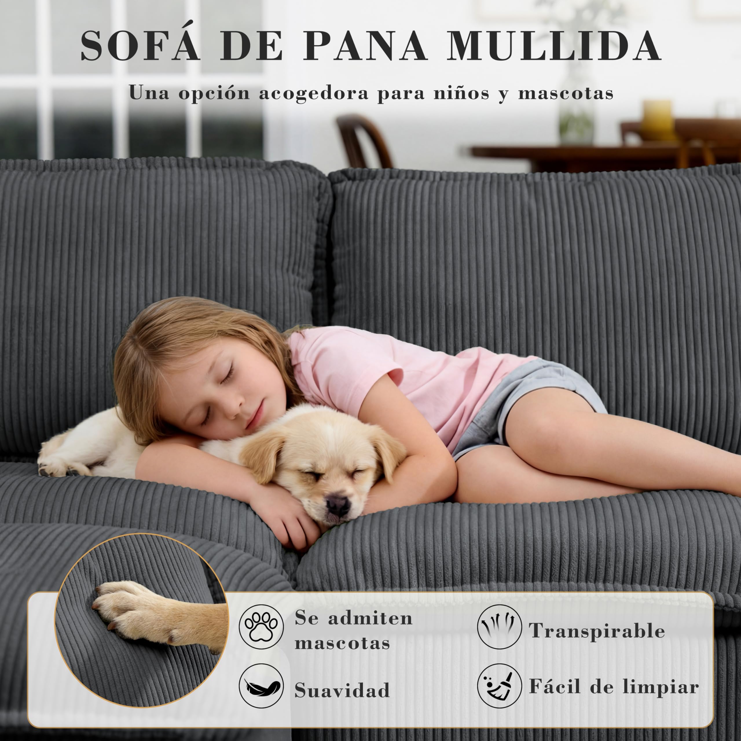 Vipbear Sofá Cama de 4 Plazas de 273 cm, Sofá de Salón en Forma de L, con Otomana Extraíble, Tapizado en Pana, Asiento Profundo y Chaise Longue, No Requiere Montaje, Gris