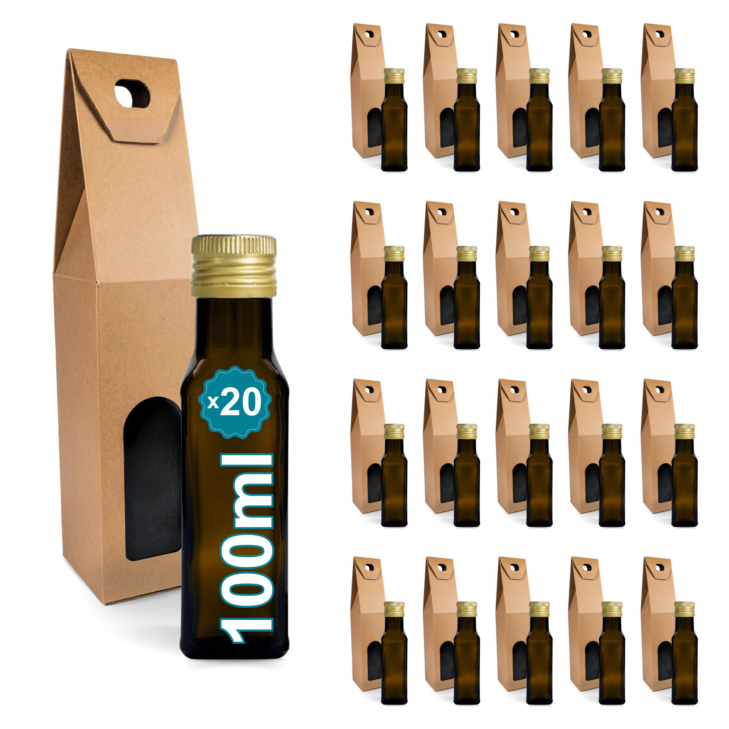 Espirito Rebelde 20 Botellas de Cristal Oscuro 100 ml con Tapón de Rosca Dorado + 20 Cajas – Botellas Pequeñas para Aceite de Oliva, Vinagre, Alcohol, Salsas, Poción Mágica – Muestras